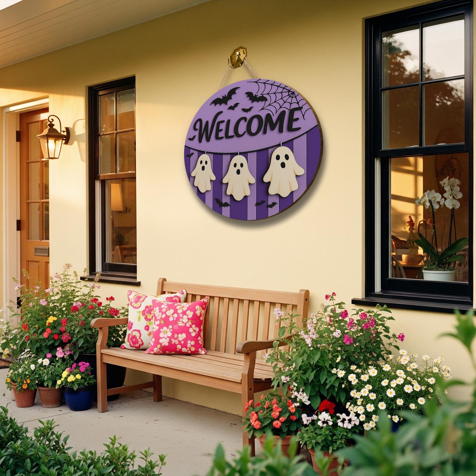 Halloween Ghost Welcome Sign, Purple Wooden Door Hanger, Cute Bat Spiderweb Decor, Spooky Front Porch Sign, Trick or Treat Decor