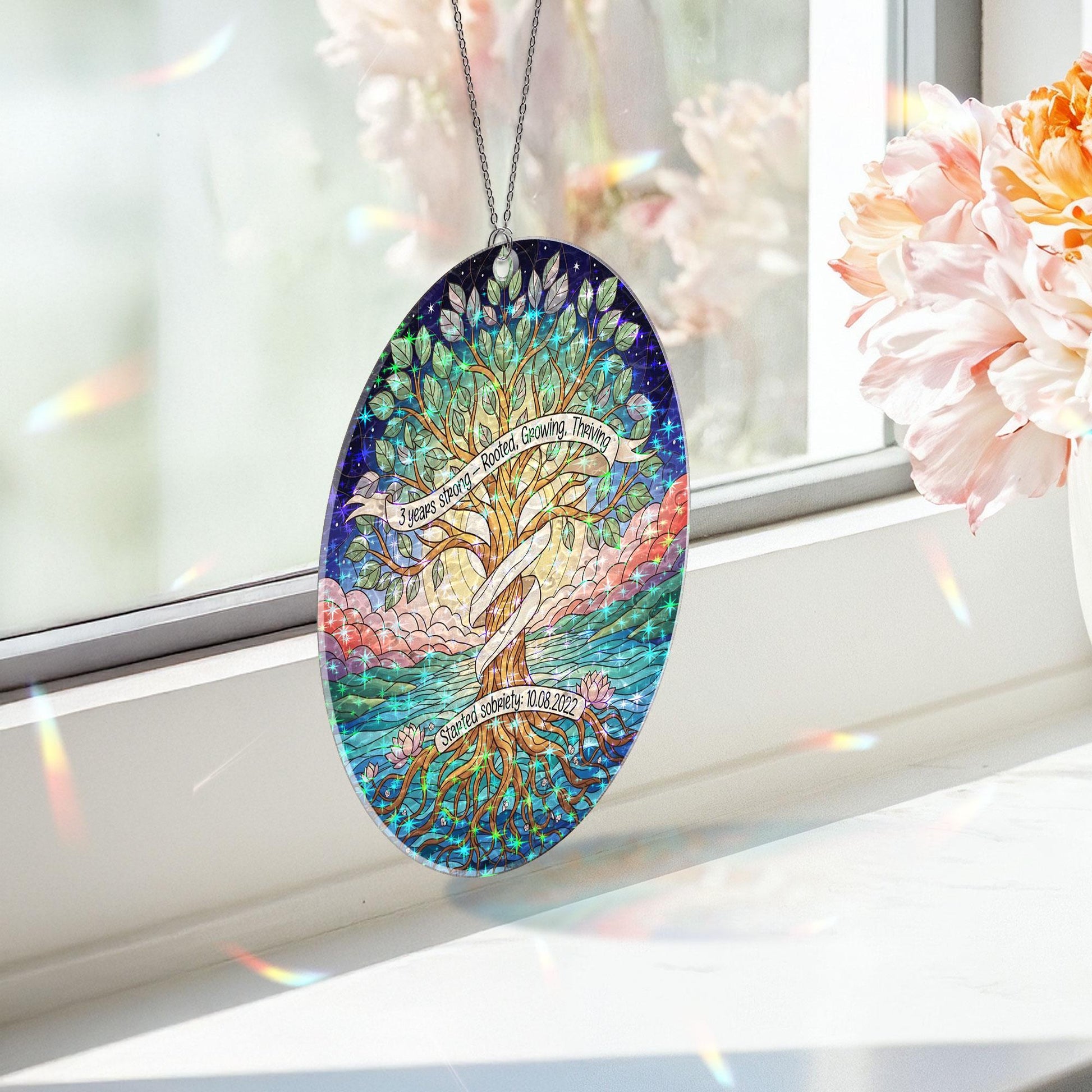 Sobriety Keepsake | Tree of Life Acrylic Ornament | 3 Years Sober Milestone Keepsake | Recovery Hologram Window Decor | Sober Birthday Gift