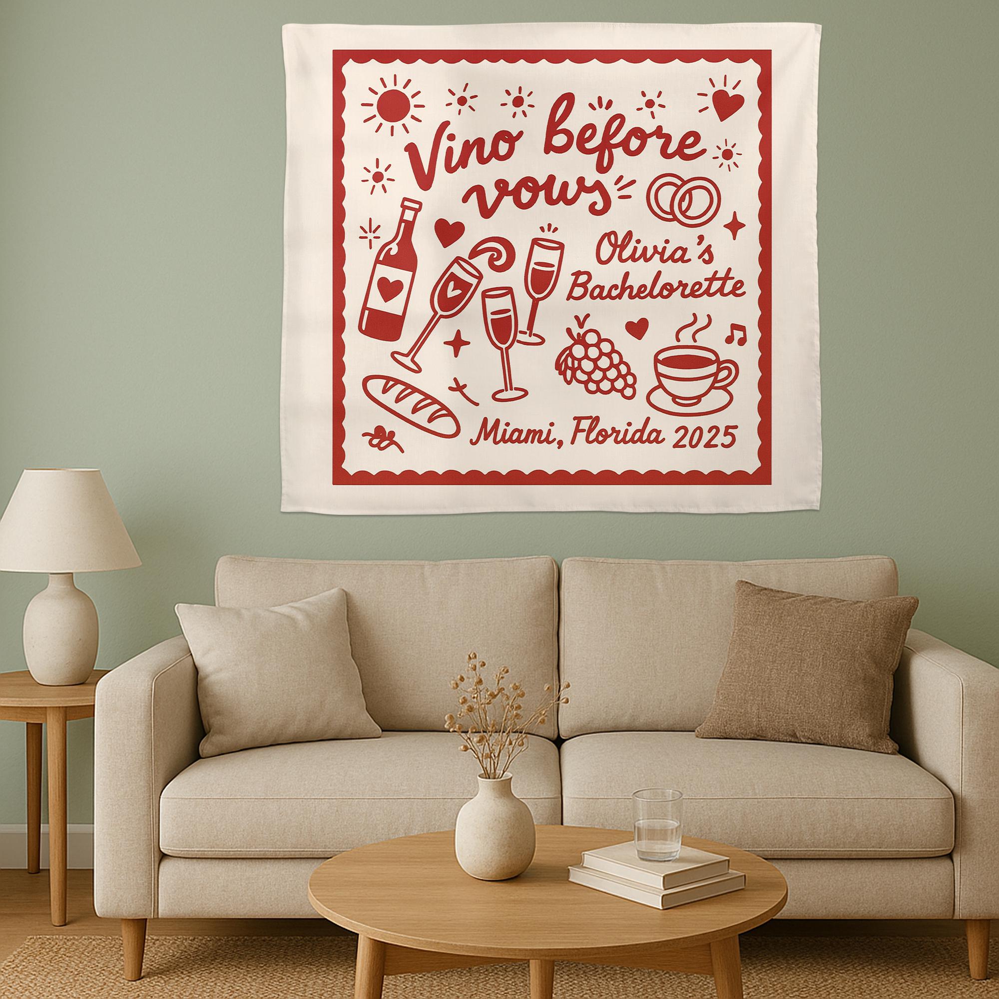 Vino Before Vows Bachelorette Banner, Custom Wine Party Tapestry for Bride Trip, Fun Bridal Shower or Girls Weekend Decor, bachelorette flag