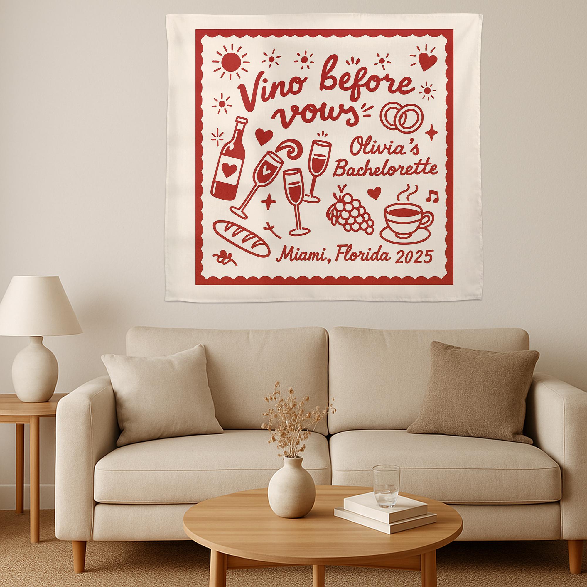 Vino Before Vows Bachelorette Banner, Custom Wine Party Tapestry for Bride Trip, Fun Bridal Shower or Girls Weekend Decor, bachelorette flag