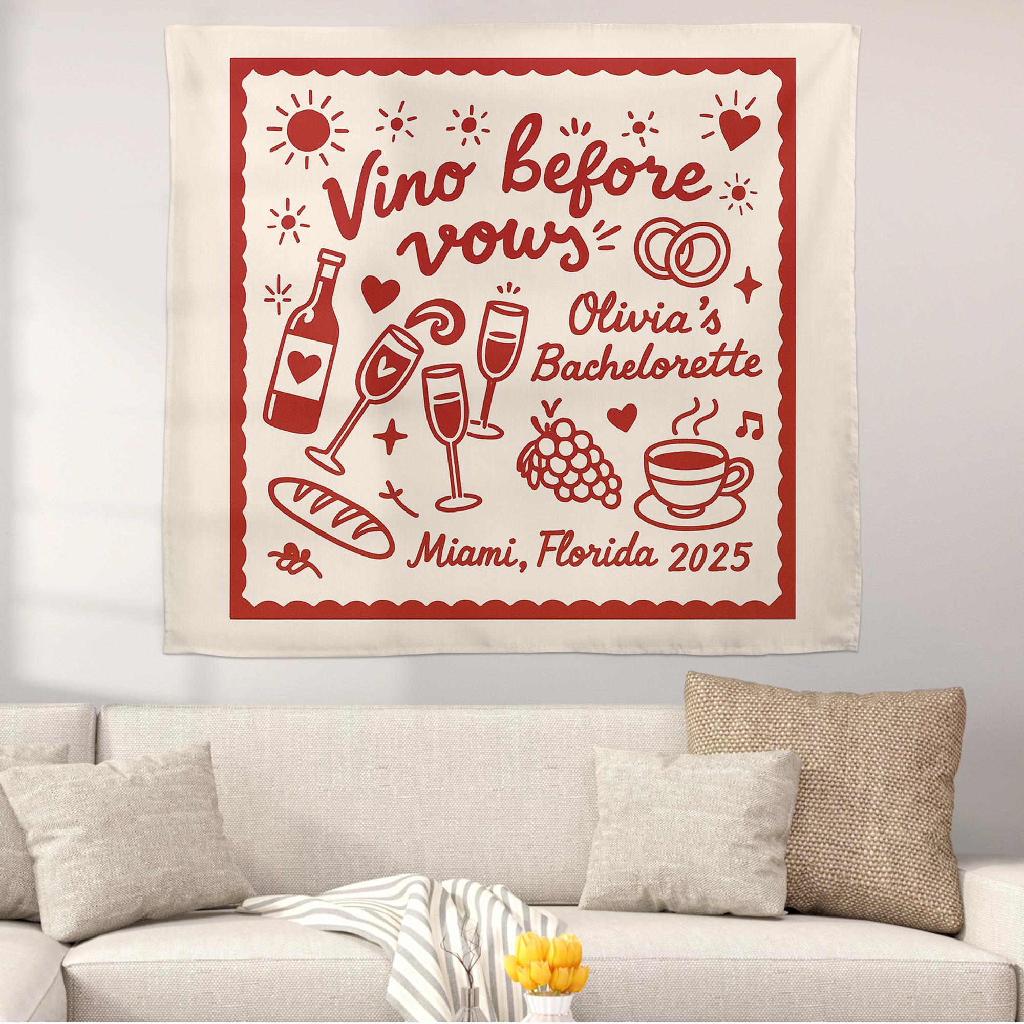 Vino Before Vows Bachelorette Banner, Custom Wine Party Tapestry for Bride Trip, Fun Bridal Shower or Girls Weekend Decor, bachelorette flag