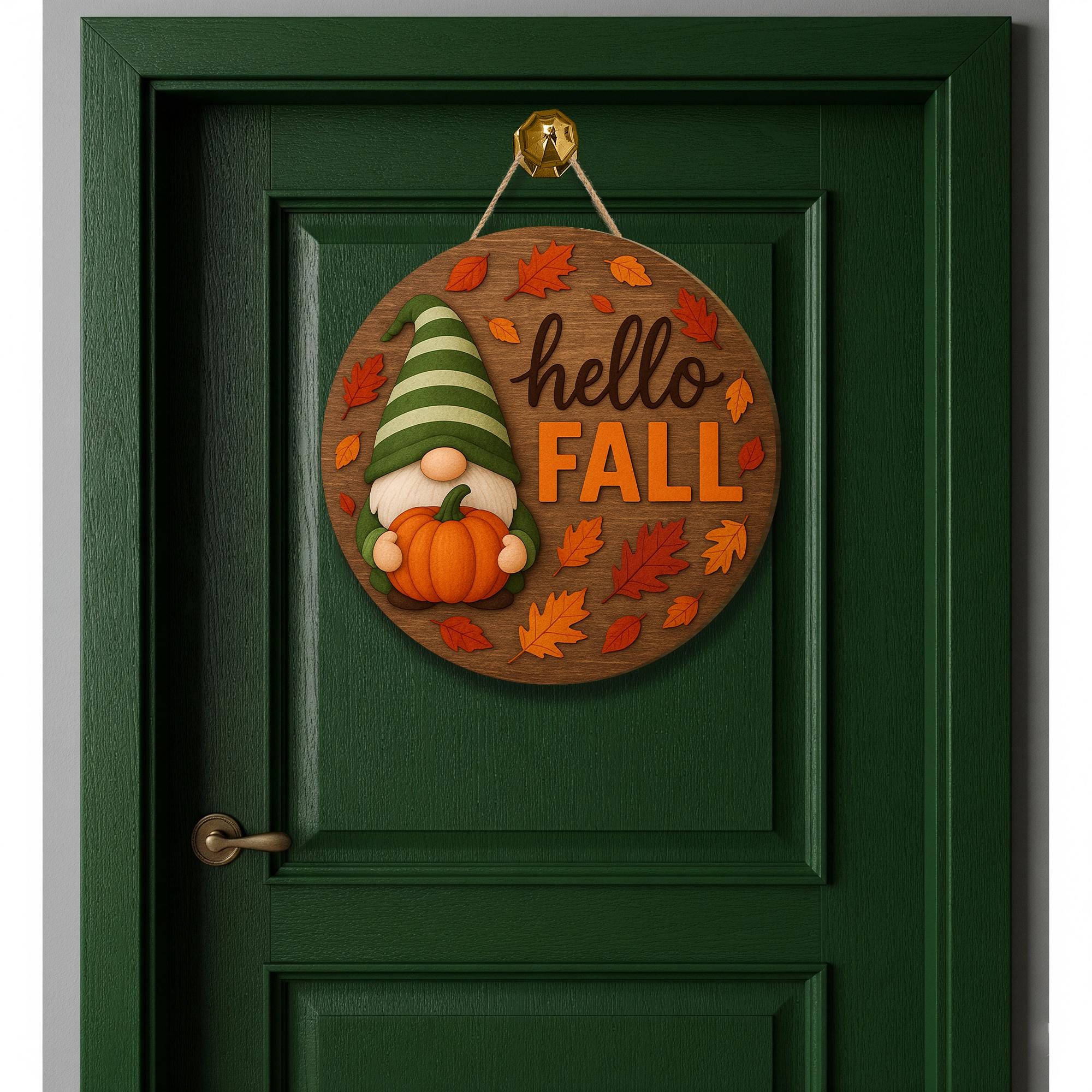 Hello Fall Gnome Door Sign, Round Wooden Autumn Welcome Sign, Pumpkin Leaf Porch Decor, Rustic Fall Entryway Hanger, Seasonal Home Art