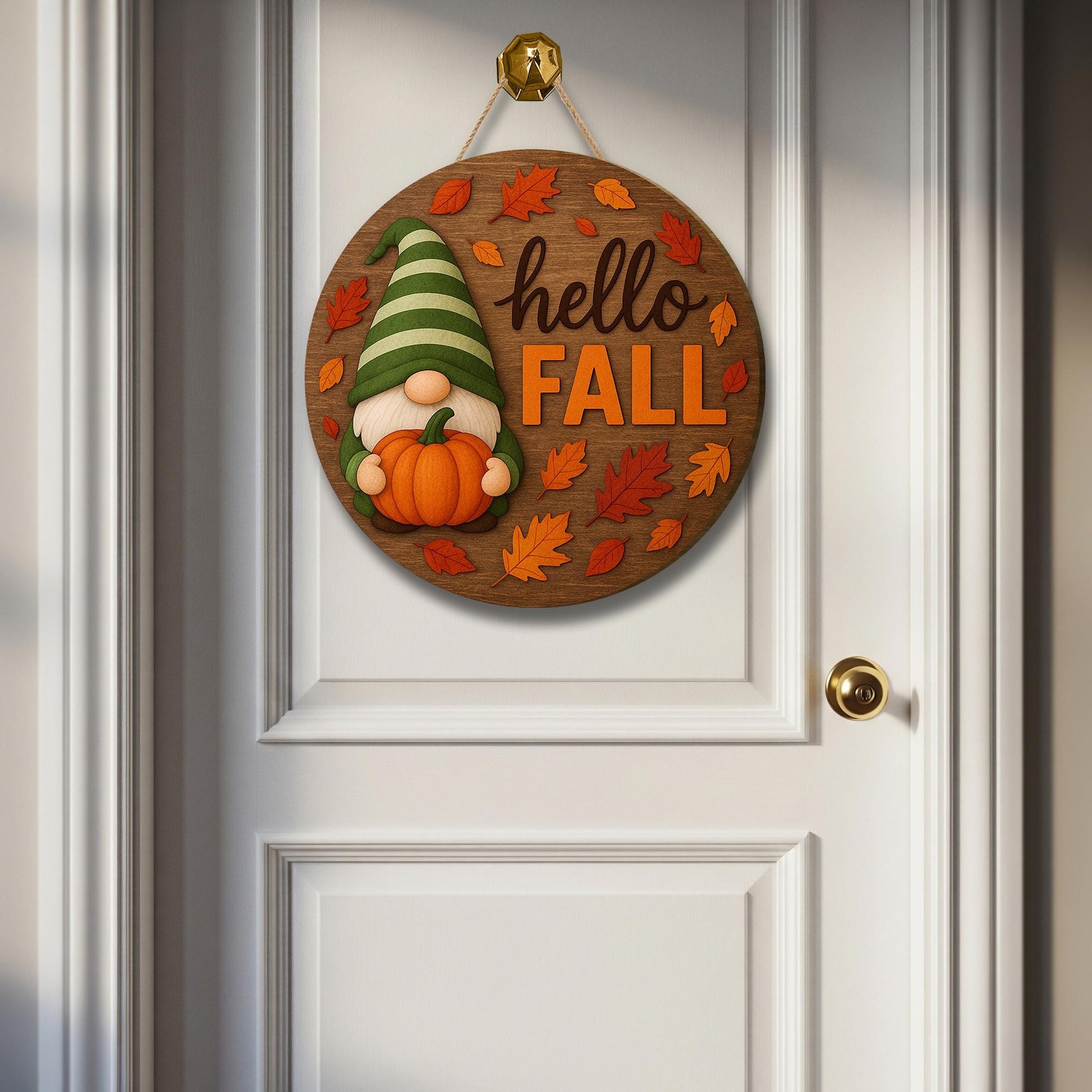 Hello Fall Gnome Door Sign, Round Wooden Autumn Welcome Sign, Pumpkin Leaf Porch Decor, Rustic Fall Entryway Hanger, Seasonal Home Art