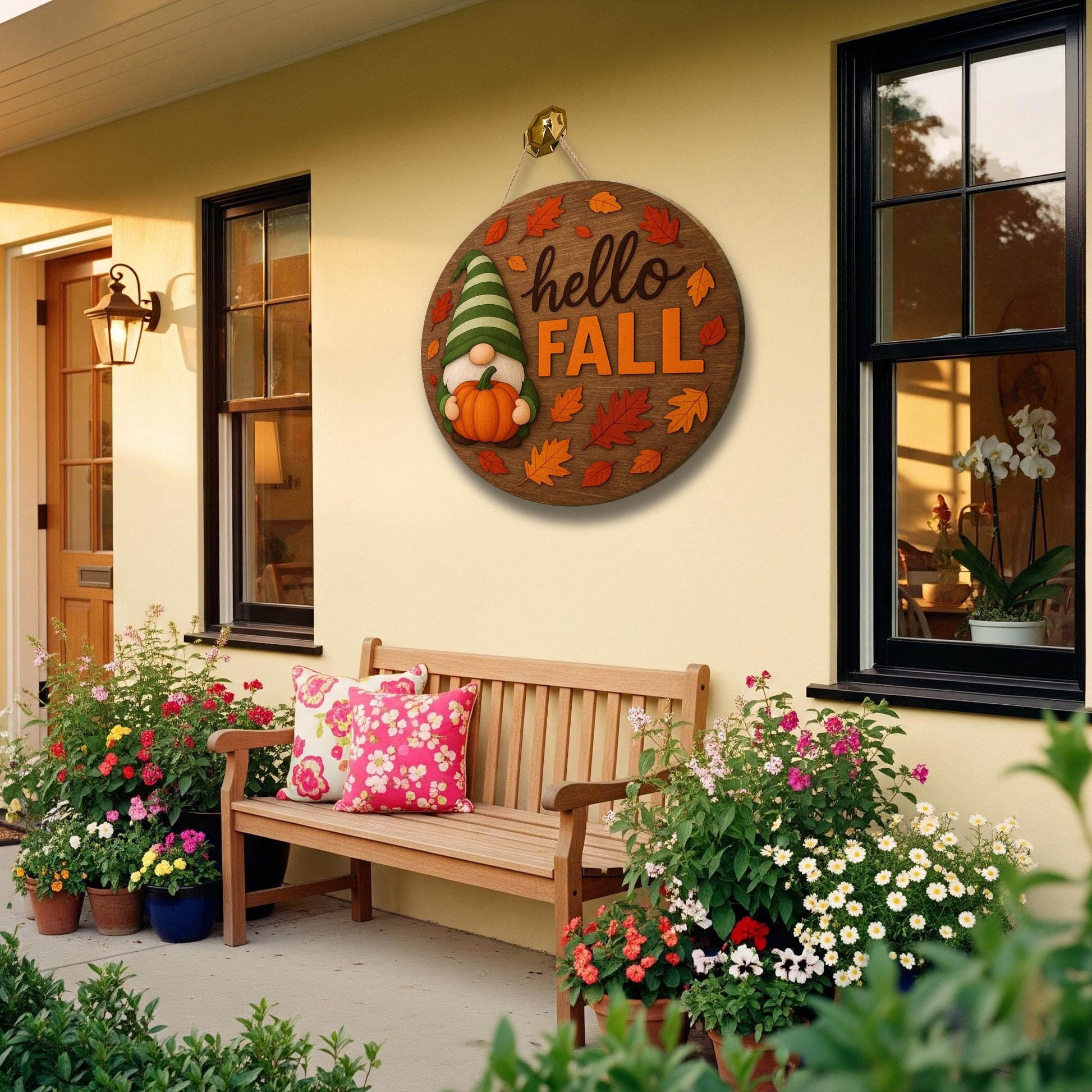 Hello Fall Gnome Door Sign, Round Wooden Autumn Welcome Sign, Pumpkin Leaf Porch Decor, Rustic Fall Entryway Hanger, Seasonal Home Art