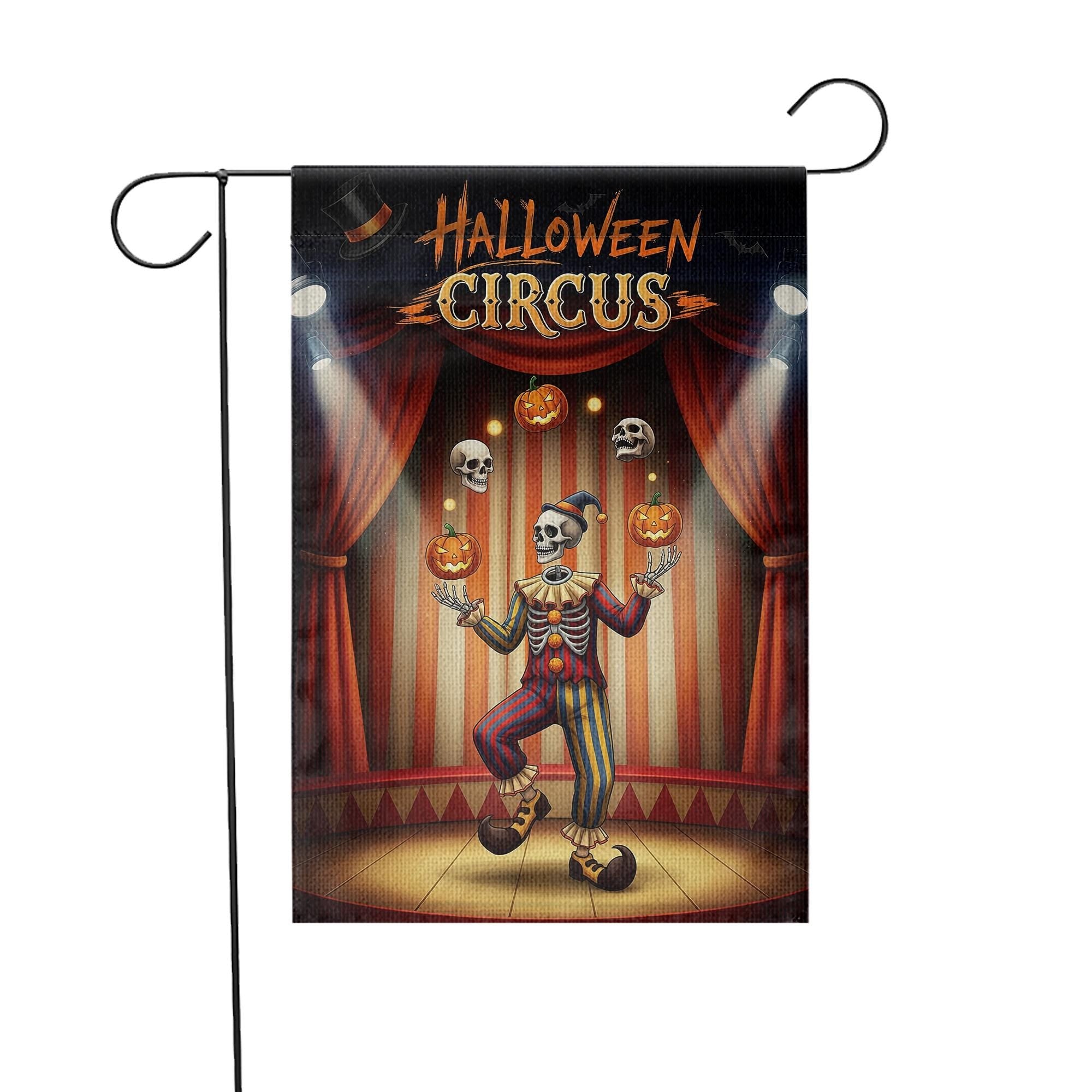 Halloween Circus Garden Flag, Juggling Skeleton Clown Yard Decor, Spooky Pumpkin Skull Sign, Outdoor Fall Decoration, Unique Welcome Flag