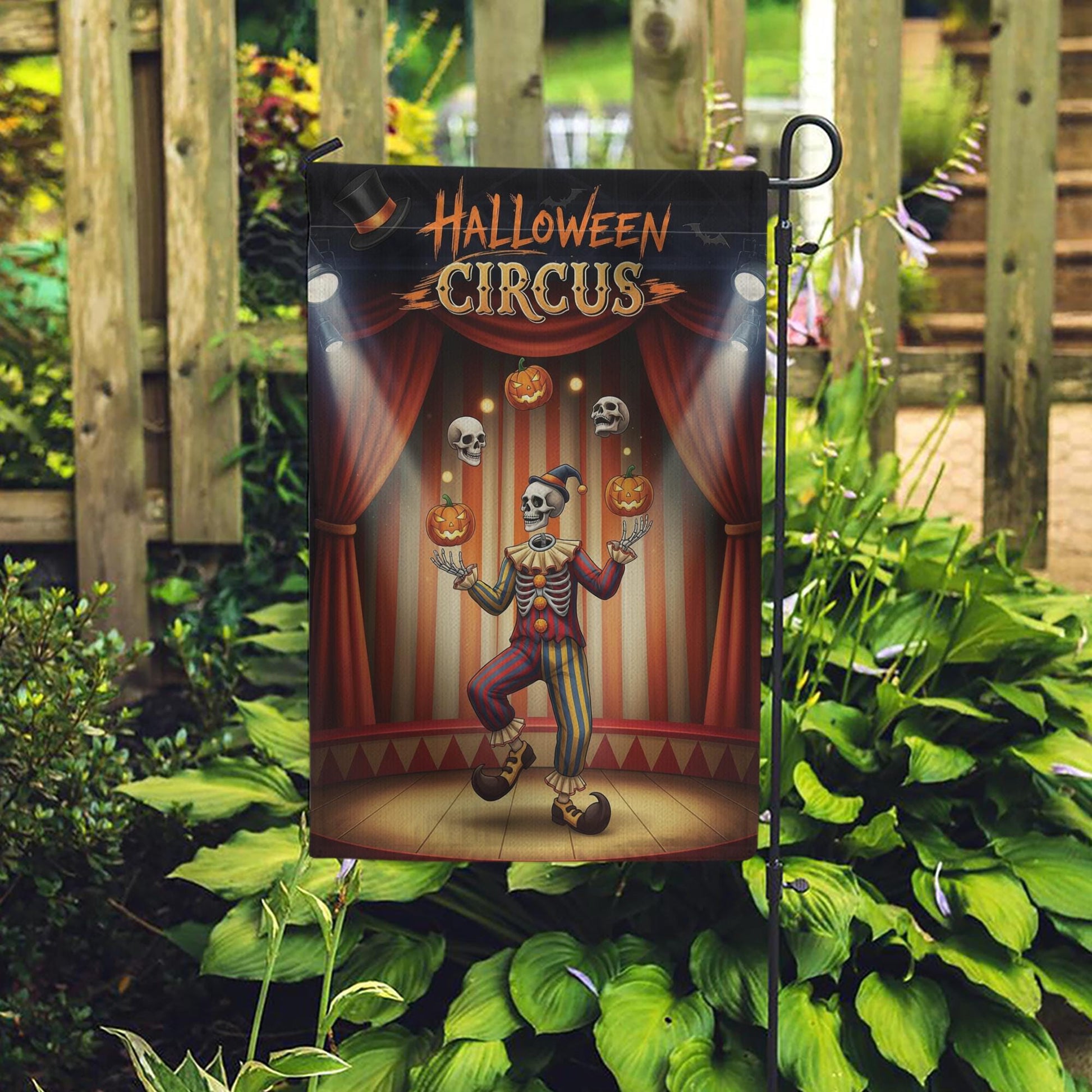 Halloween Circus Garden Flag, Juggling Skeleton Clown Yard Decor, Spooky Pumpkin Skull Sign, Outdoor Fall Decoration, Unique Welcome Flag