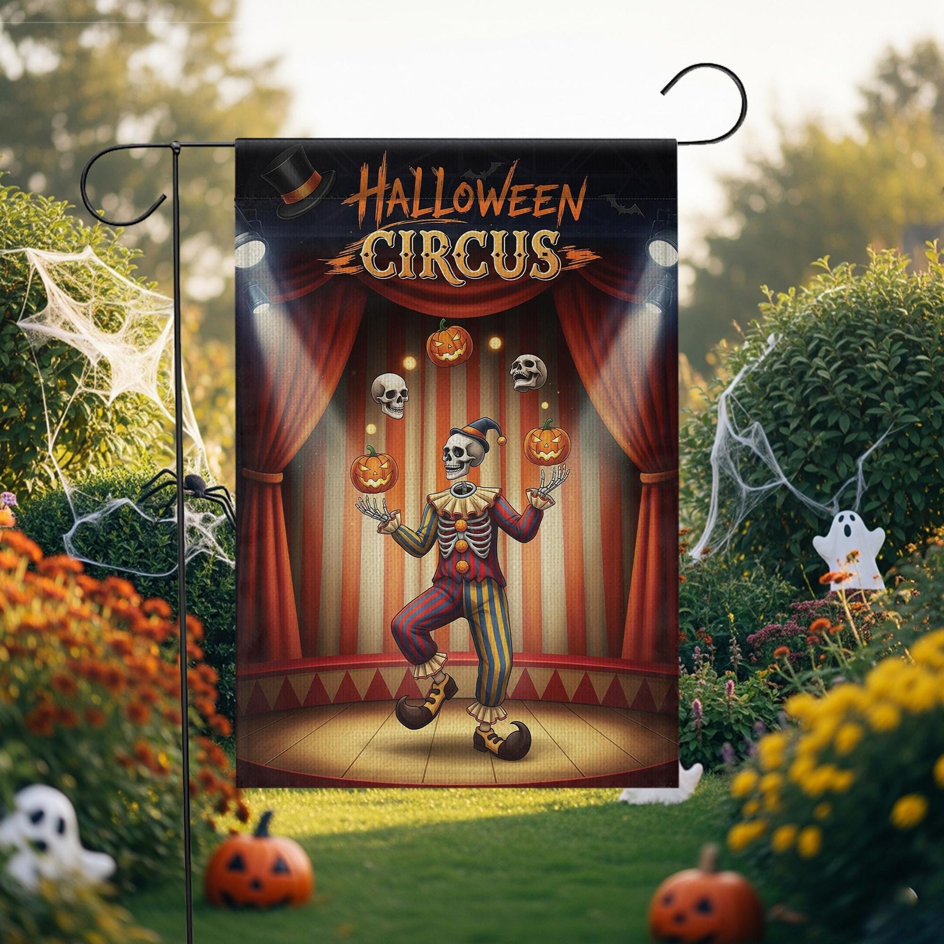 Halloween Circus Garden Flag, Juggling Skeleton Clown Yard Decor, Spooky Pumpkin Skull Sign, Outdoor Fall Decoration, Unique Welcome Flag