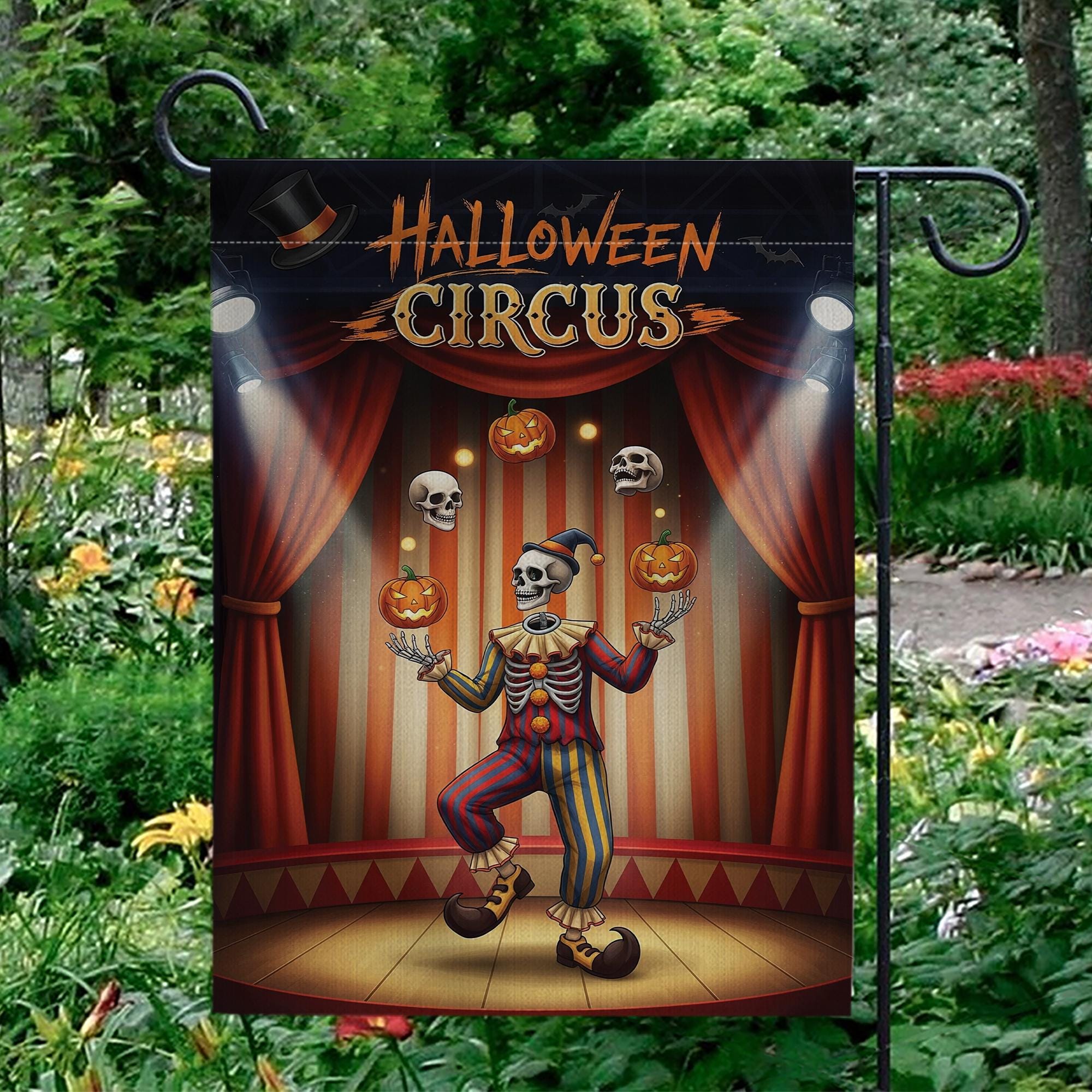 Halloween Circus Garden Flag, Juggling Skeleton Clown Yard Decor, Spooky Pumpkin Skull Sign, Outdoor Fall Decoration, Unique Welcome Flag