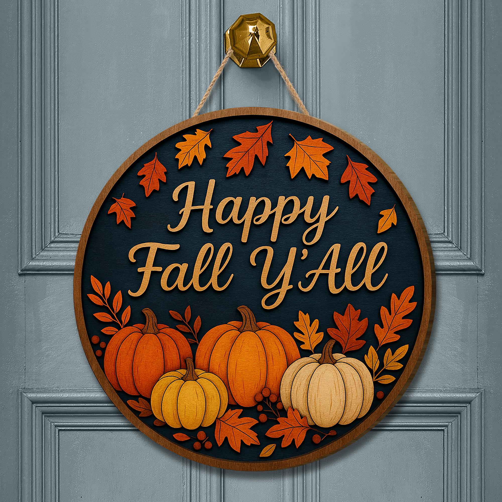 Happy Fall Y’all Wooden Sign, Pumpkin Door Hanger, Rustic Autumn Round Decor, Farmhouse Porch Sign, Thanksgiving Entryway Decor