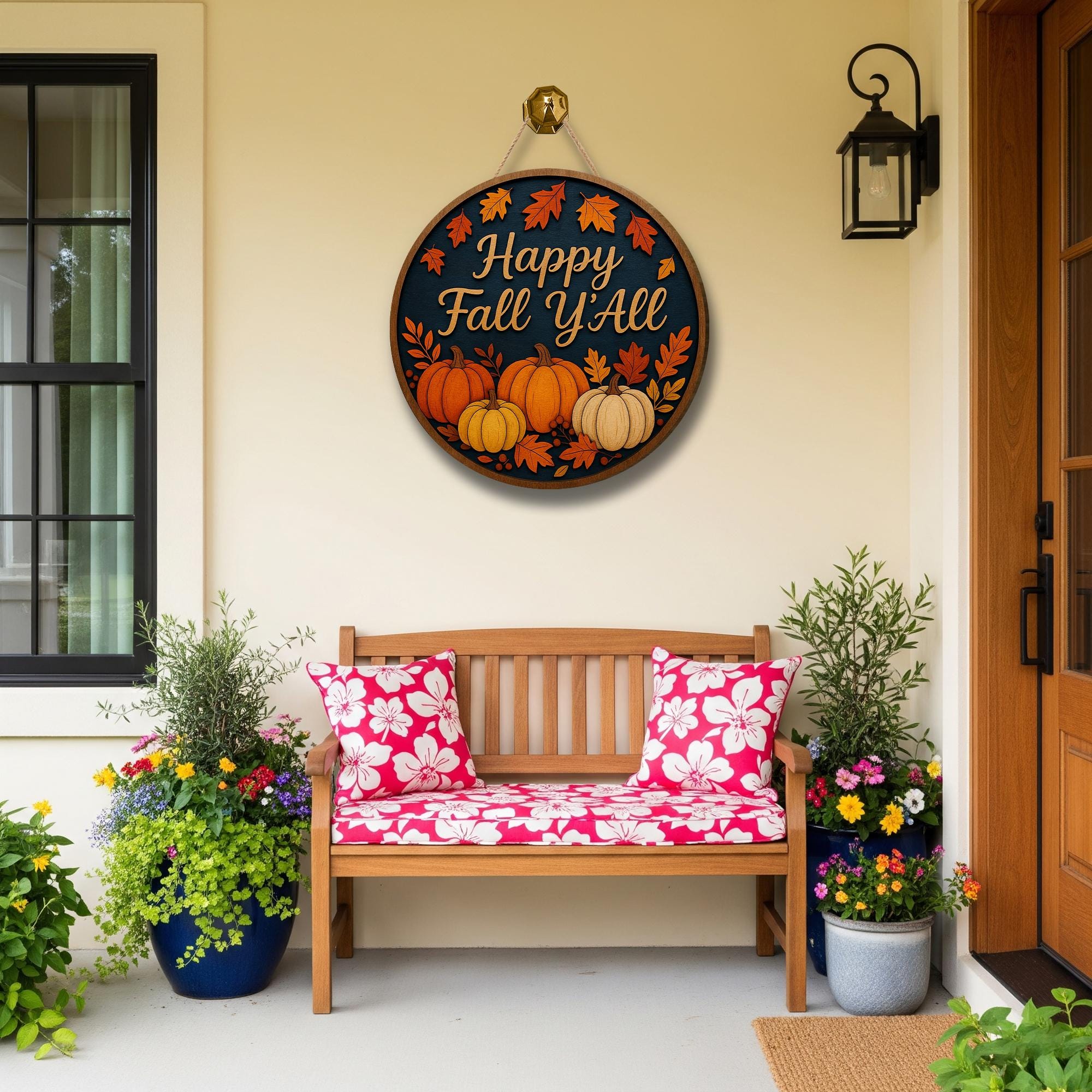 Happy Fall Y’all Wooden Sign, Pumpkin Door Hanger, Rustic Autumn Round Decor, Farmhouse Porch Sign, Thanksgiving Entryway Decor