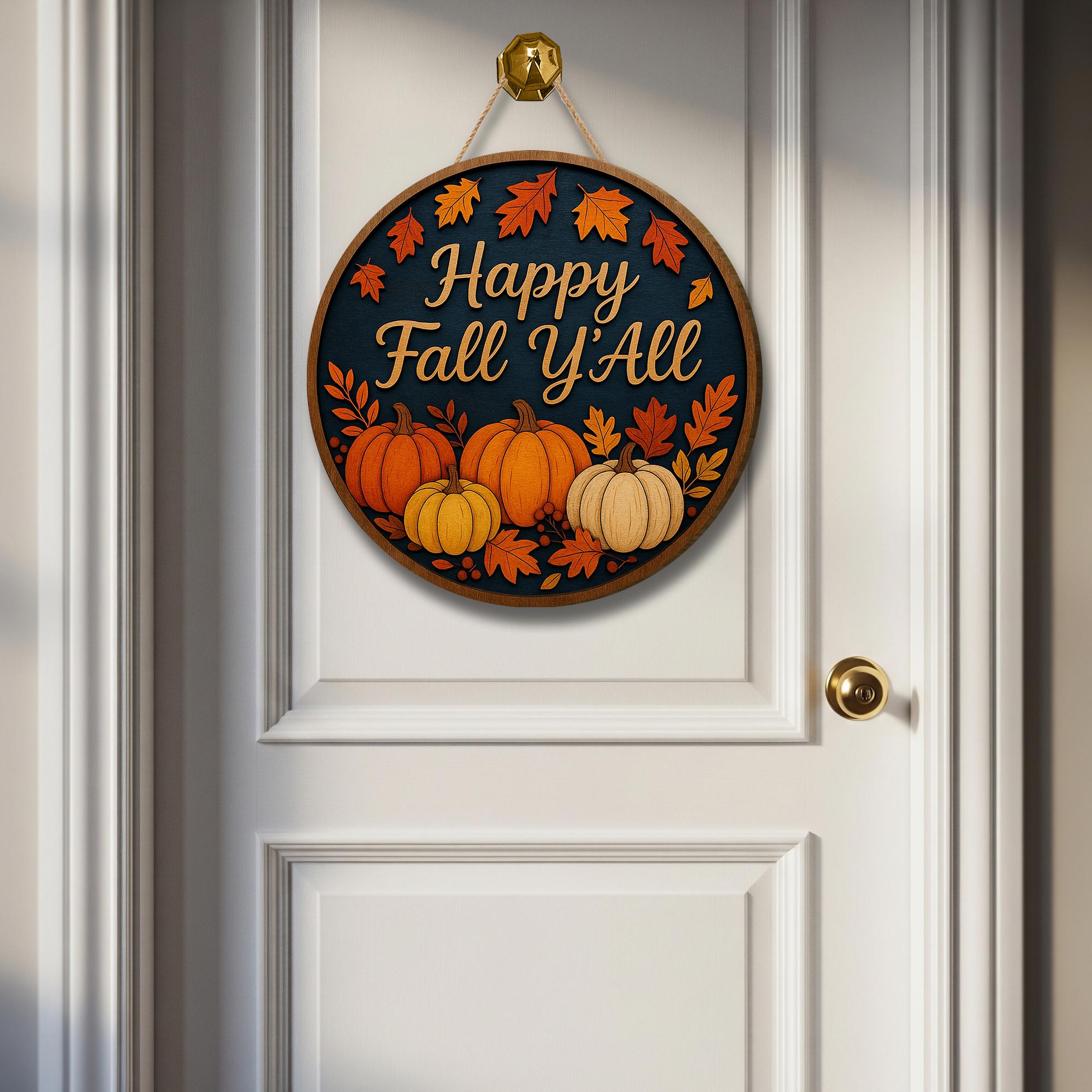 Happy Fall Y’all Wooden Sign, Pumpkin Door Hanger, Rustic Autumn Round Decor, Farmhouse Porch Sign, Thanksgiving Entryway Decor