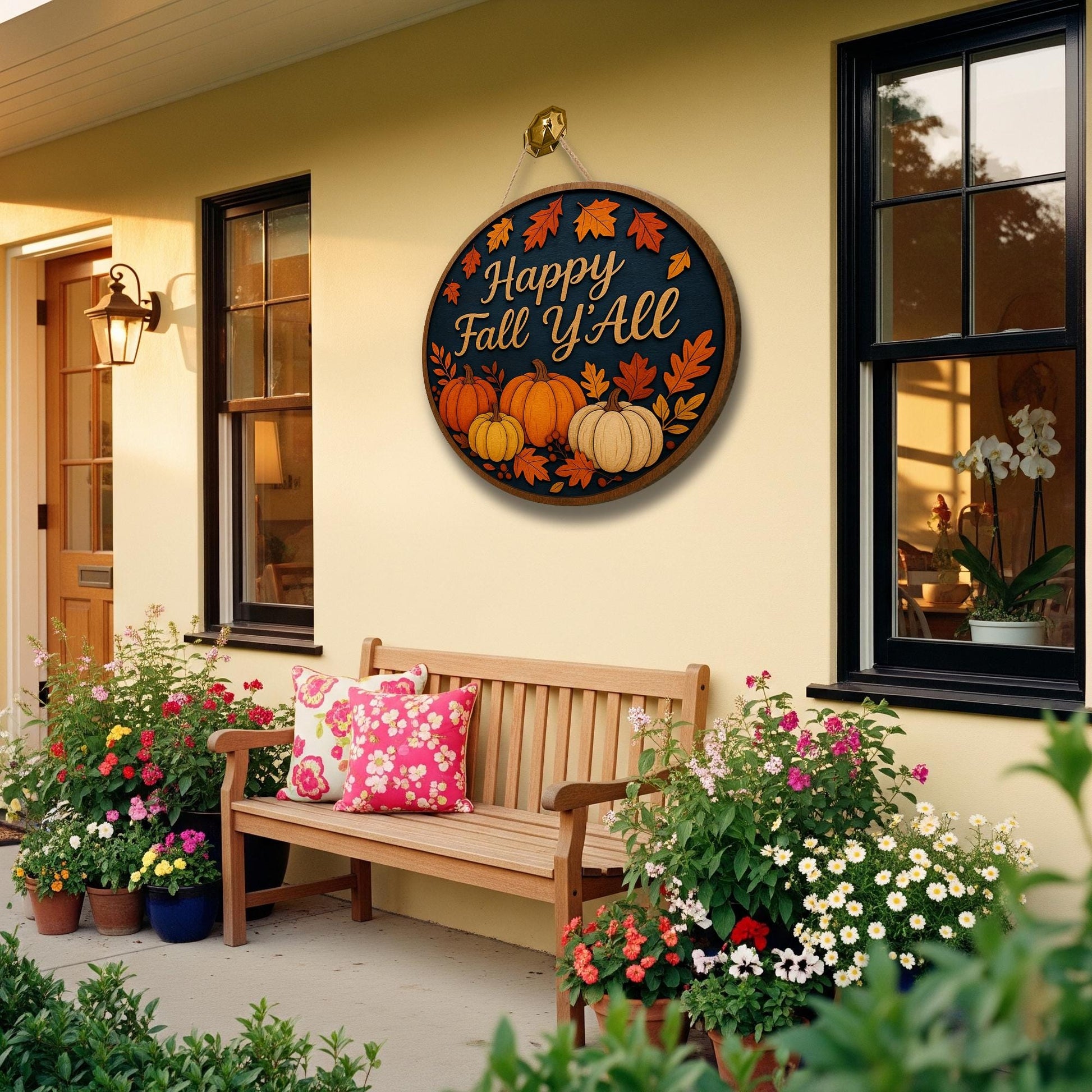 Happy Fall Y’all Wooden Sign, Pumpkin Door Hanger, Rustic Autumn Round Decor, Farmhouse Porch Sign, Thanksgiving Entryway Decor
