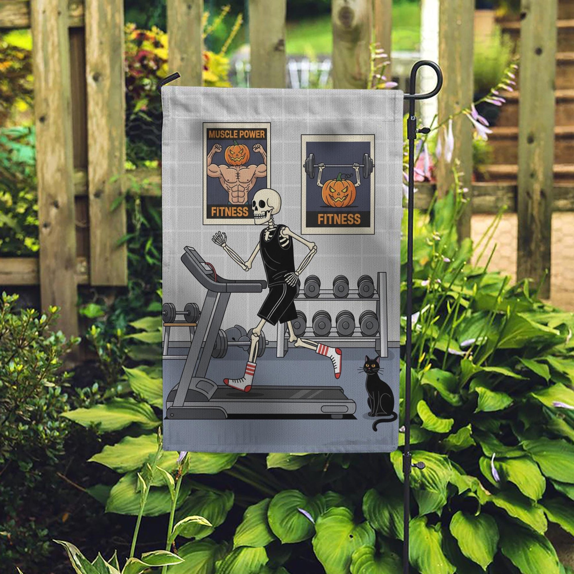 Halloween Fitness Garden Flag, Skeleton Gym Workout Decor, Funny Pumpkin Bodybuilding Sign, Spooky Outdoor Yard Art, Unique Gift