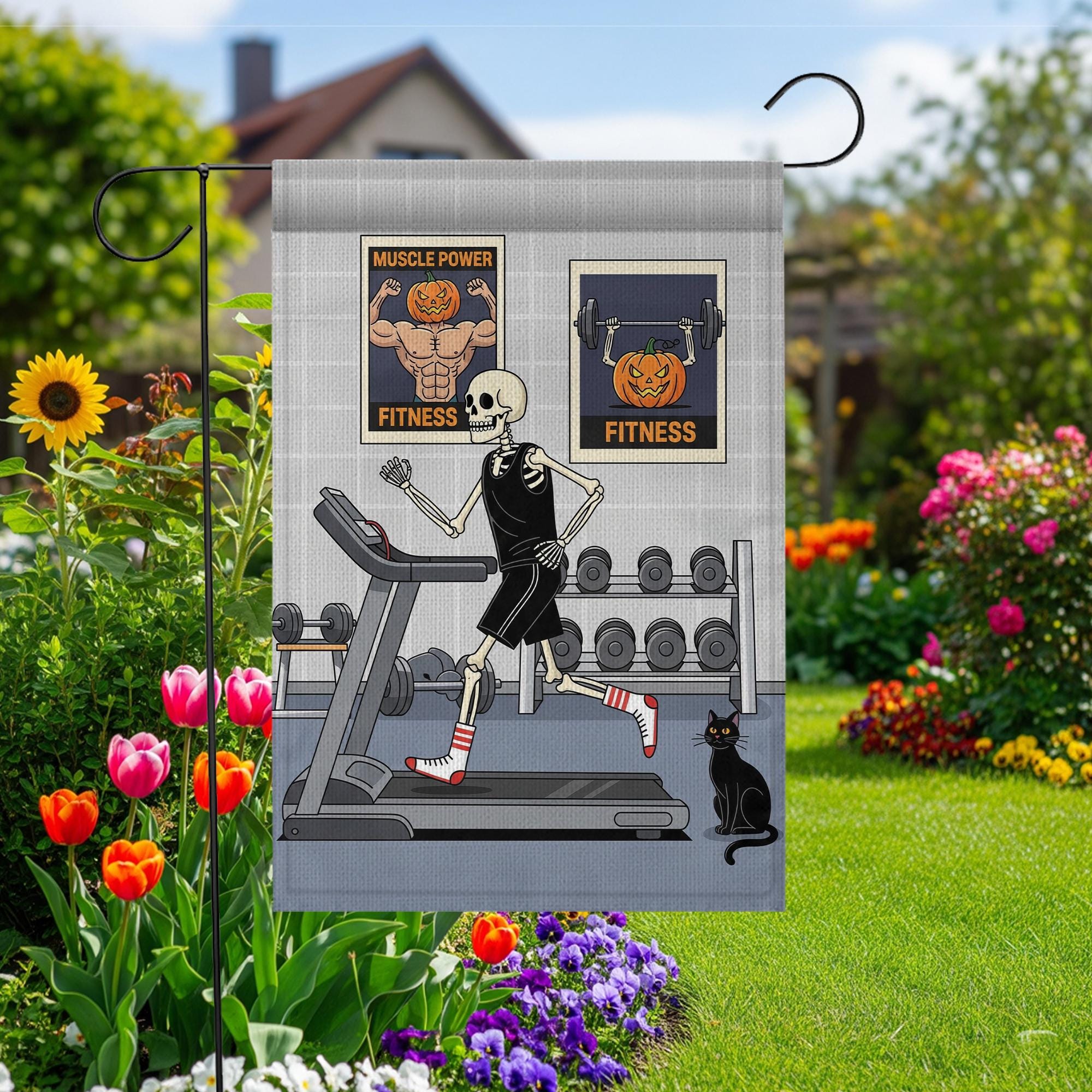 Halloween Fitness Garden Flag, Skeleton Gym Workout Decor, Funny Pumpkin Bodybuilding Sign, Spooky Outdoor Yard Art, Unique Gift