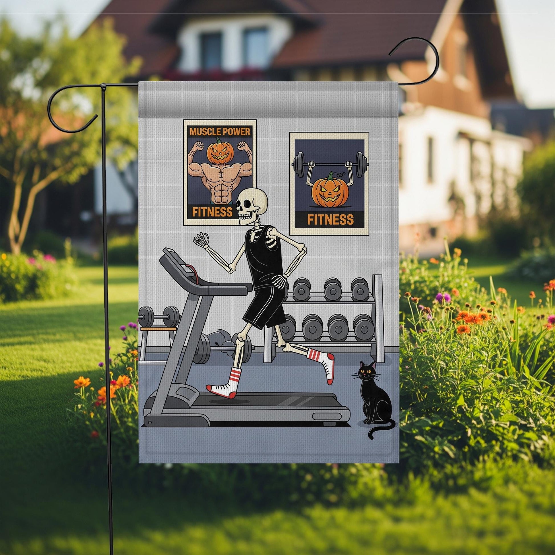 Halloween Fitness Garden Flag, Skeleton Gym Workout Decor, Funny Pumpkin Bodybuilding Sign, Spooky Outdoor Yard Art, Unique Gift