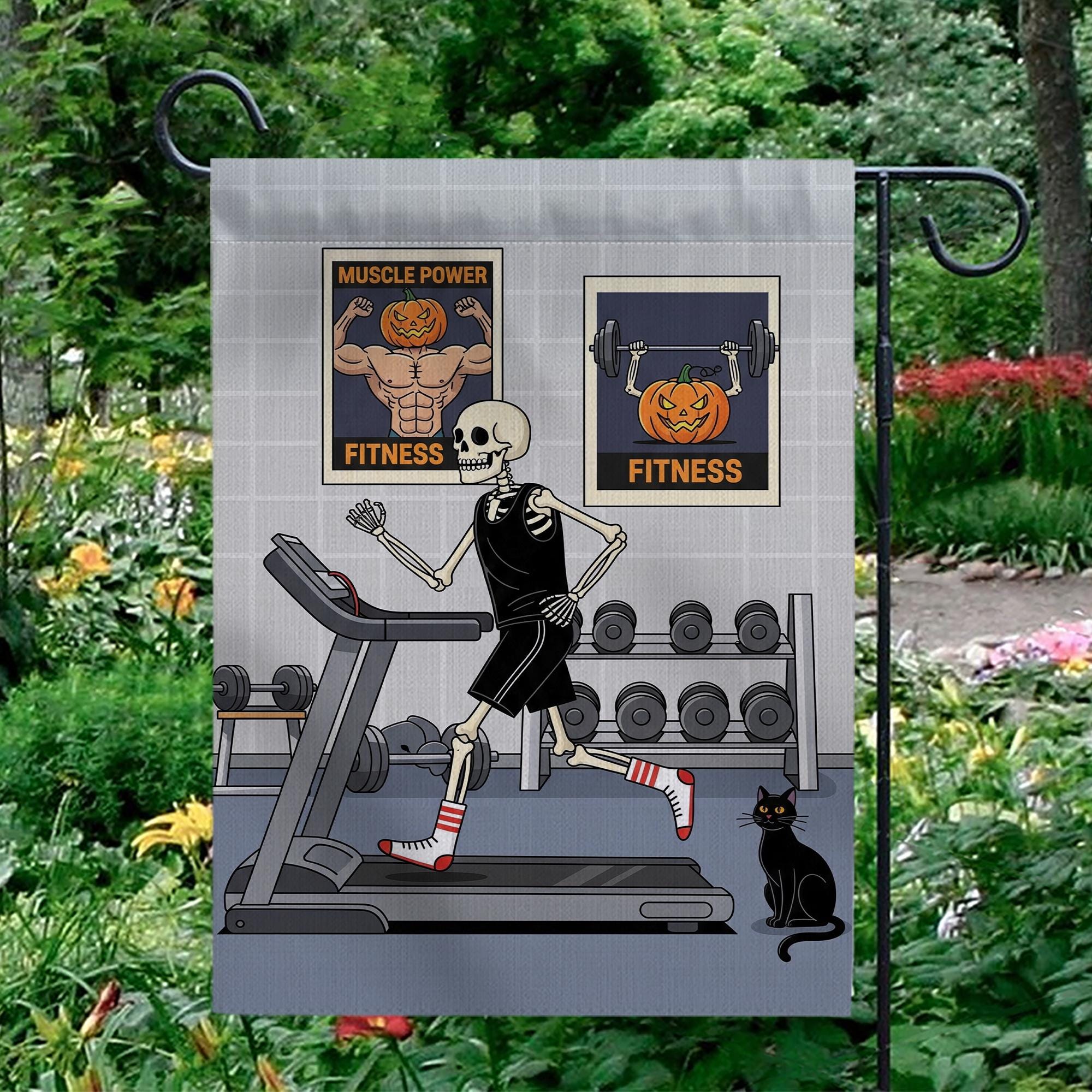 Halloween Fitness Garden Flag, Skeleton Gym Workout Decor, Funny Pumpkin Bodybuilding Sign, Spooky Outdoor Yard Art, Unique Gift