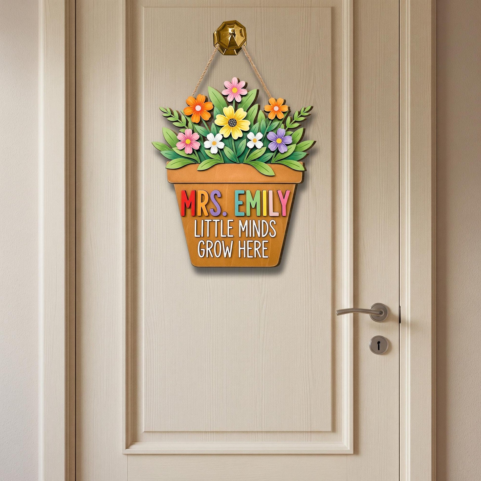 Personalized Teacher Door Sign, Flower Pot Classroom Decor with Name, Little Minds Grow Here Back to School Gift for Teachers, Flower Decor