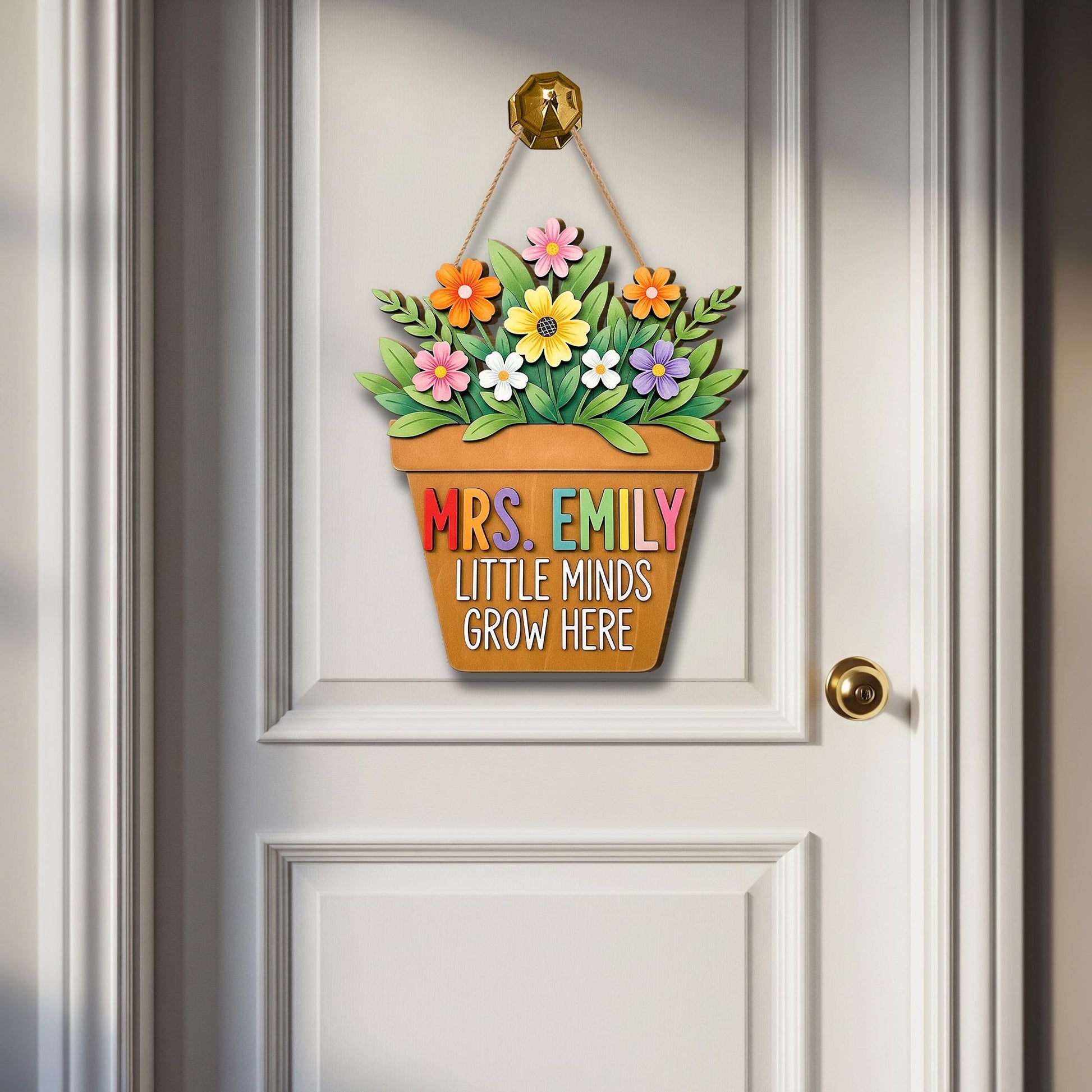 Personalized Teacher Door Sign, Flower Pot Classroom Decor with Name, Little Minds Grow Here Back to School Gift for Teachers, Flower Decor