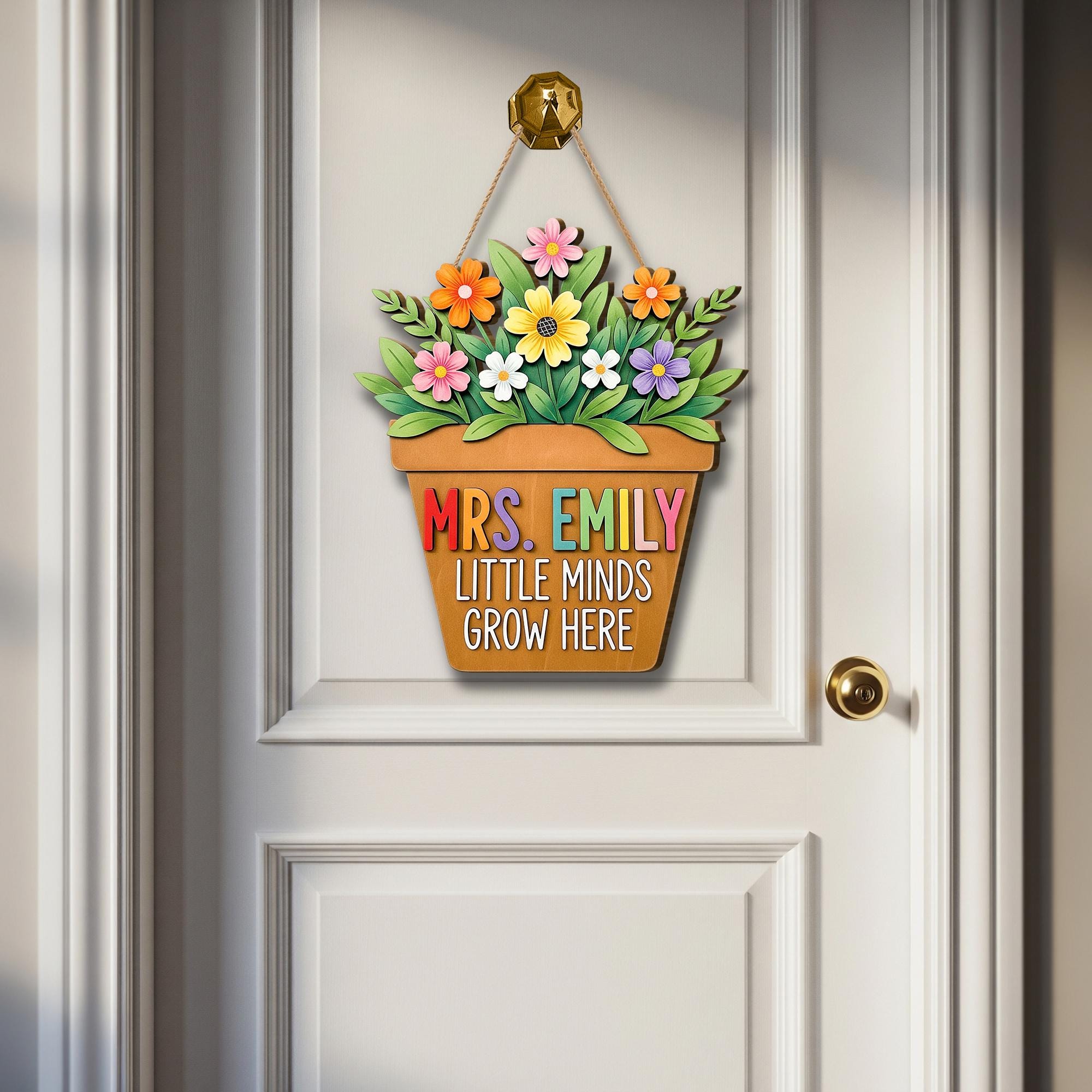 Personalized Teacher Door Sign, Flower Pot Classroom Decor with Name, Little Minds Grow Here Back to School Gift for Teachers, Flower Decor