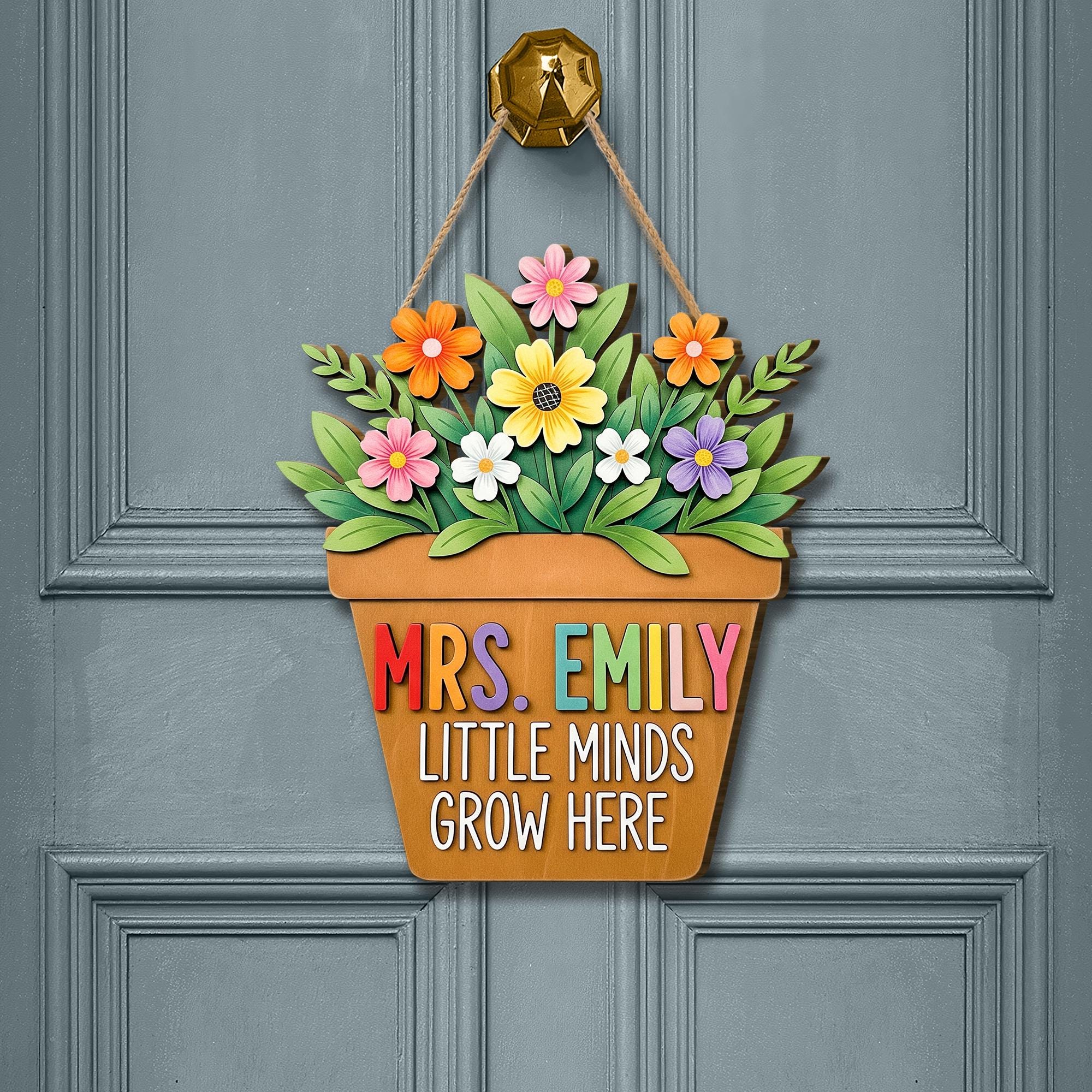 Personalized Teacher Door Sign, Flower Pot Classroom Decor with Name, Little Minds Grow Here Back to School Gift for Teachers, Flower Decor
