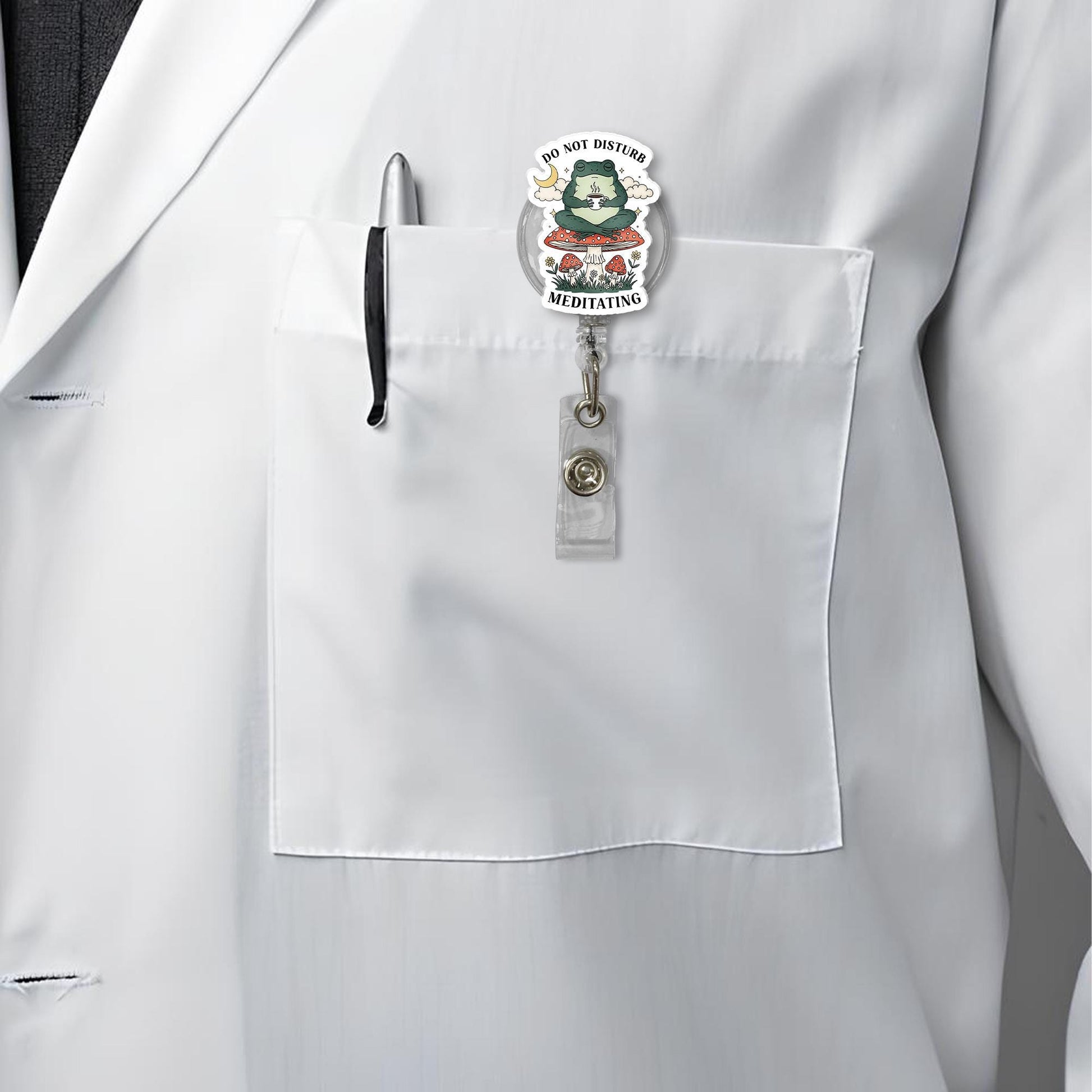 Meditating Frog Badge Reel – Funny Zen ID Holder, Do Not Disturb Mushroom Nurse Badge Clip, Cute Spiritual Office Accessory Gift