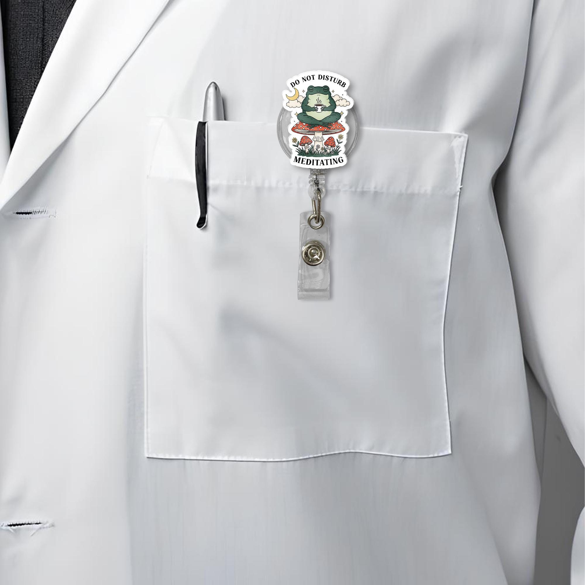 Meditating Frog Badge Reel – Funny Zen ID Holder, Do Not Disturb Mushroom Nurse Badge Clip, Cute Spiritual Office Accessory Gift