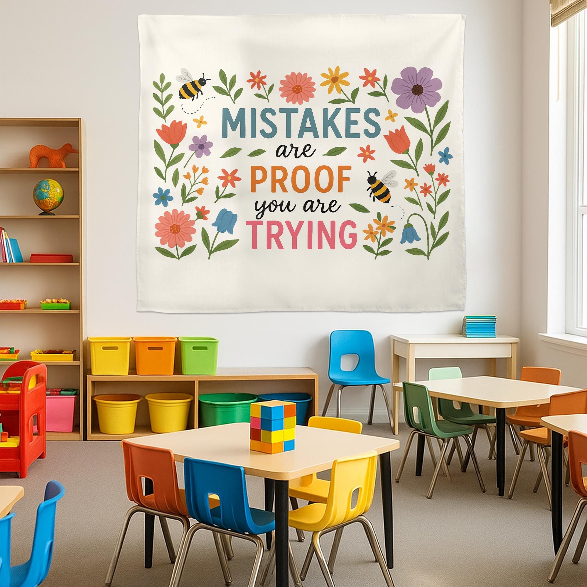 Mistakes Are Proof You Are Trying Tapestry – Motivational Floral Wall Hanging, Teacher Office Decor, Growth Mindset Banner Gift