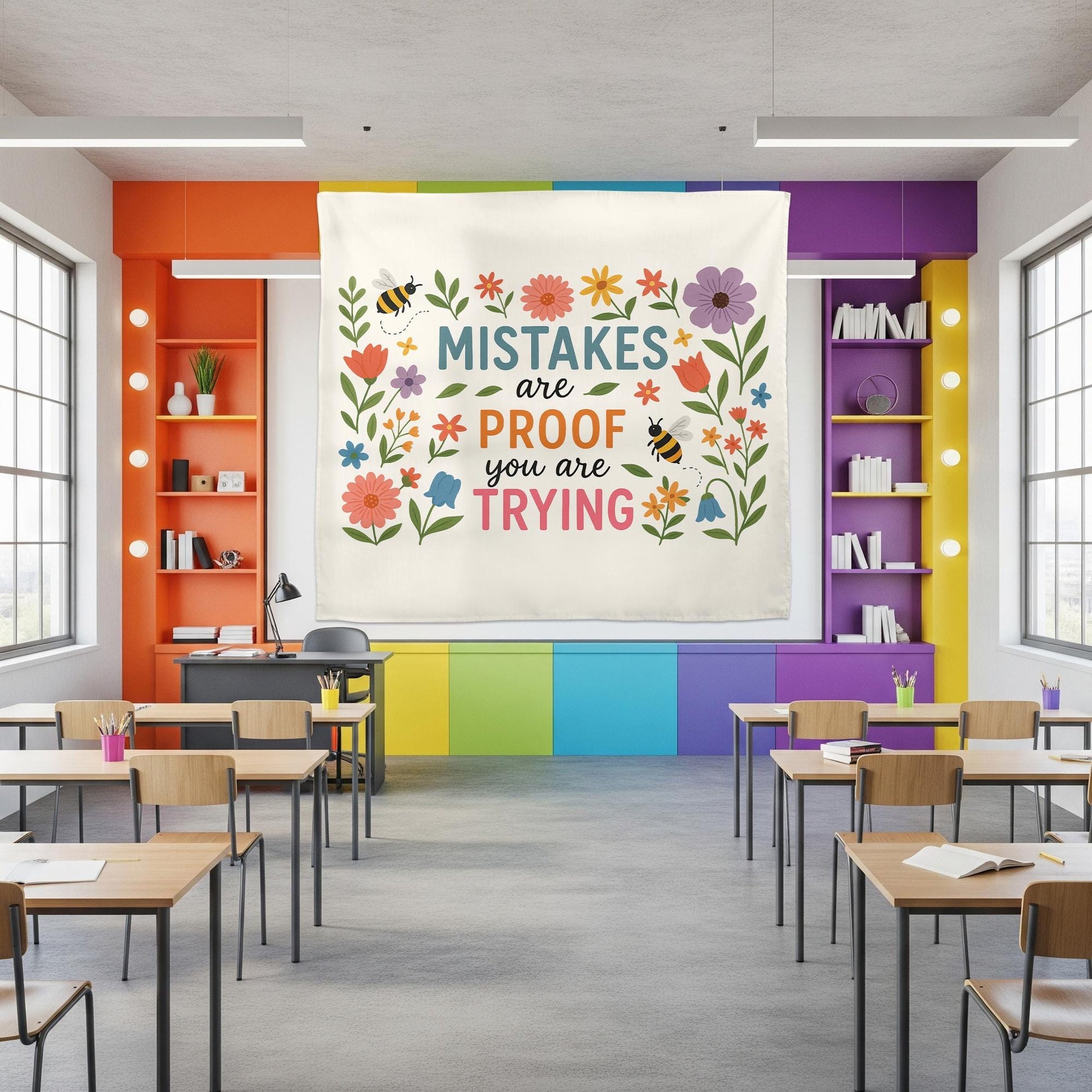 Mistakes Are Proof You Are Trying Tapestry – Motivational Floral Wall Hanging, Teacher Office Decor, Growth Mindset Banner Gift