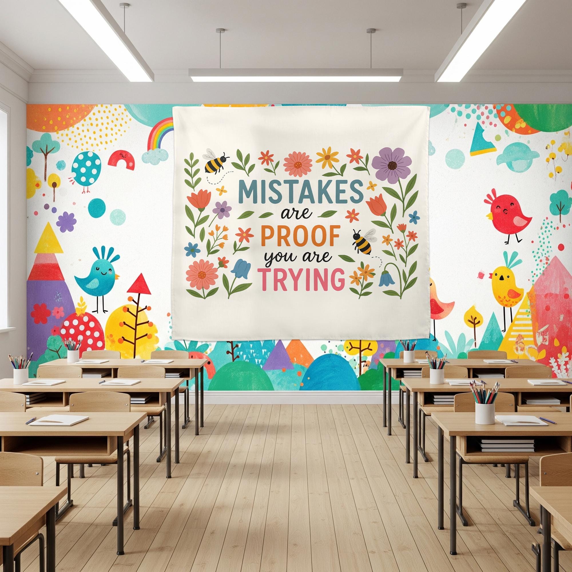 Mistakes Are Proof You Are Trying Tapestry – Motivational Floral Wall Hanging, Teacher Office Decor, Growth Mindset Banner Gift