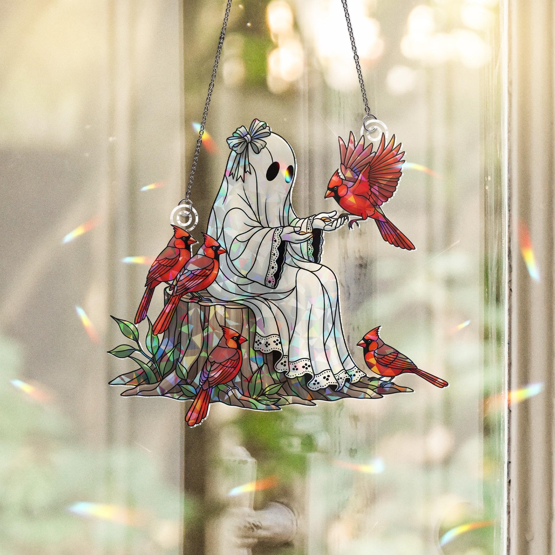 Holographic Ghost Cardinal Window Hanging – Spooky Cute Bird Suncatcher, Gothic Forest Decor, Halloween Ghost Stained Look Gift
