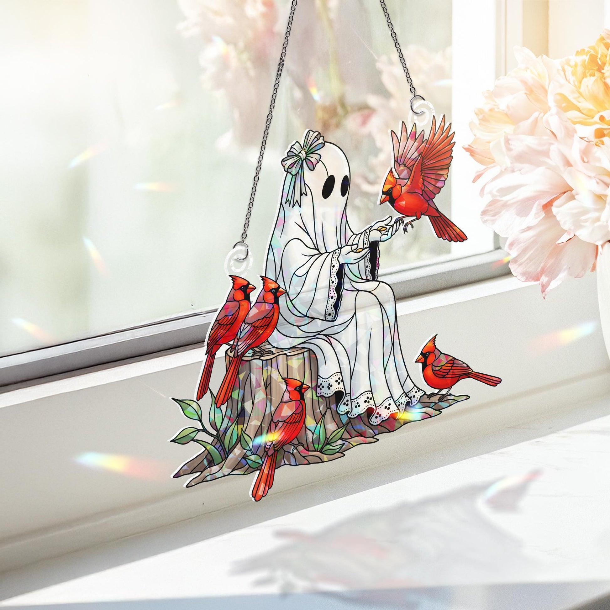 Holographic Ghost Cardinal Window Hanging – Spooky Cute Bird Suncatcher, Gothic Forest Decor, Halloween Ghost Stained Look Gift