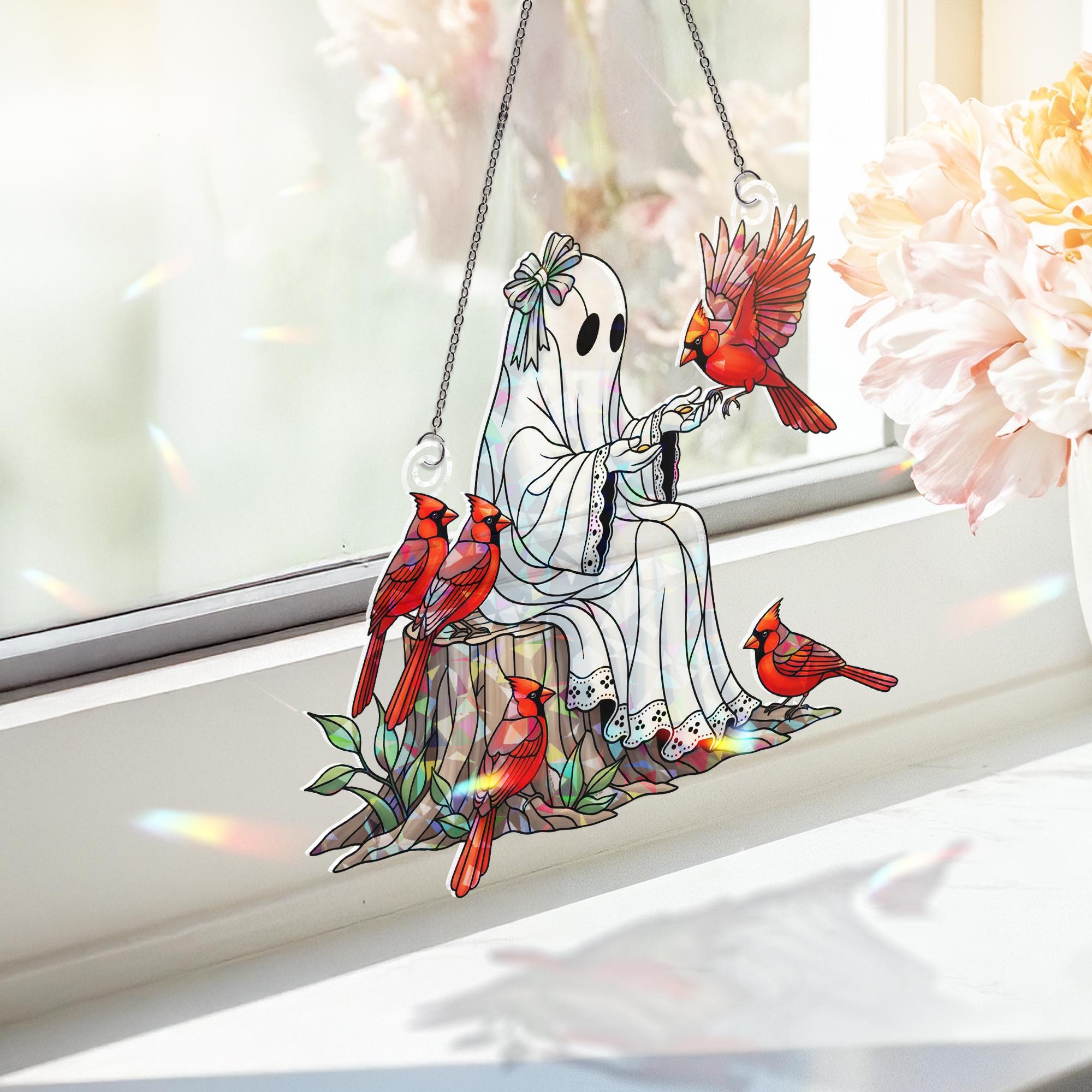 Holographic Ghost Cardinal Window Hanging – Spooky Cute Bird Suncatcher, Gothic Forest Decor, Halloween Ghost Stained Look Gift