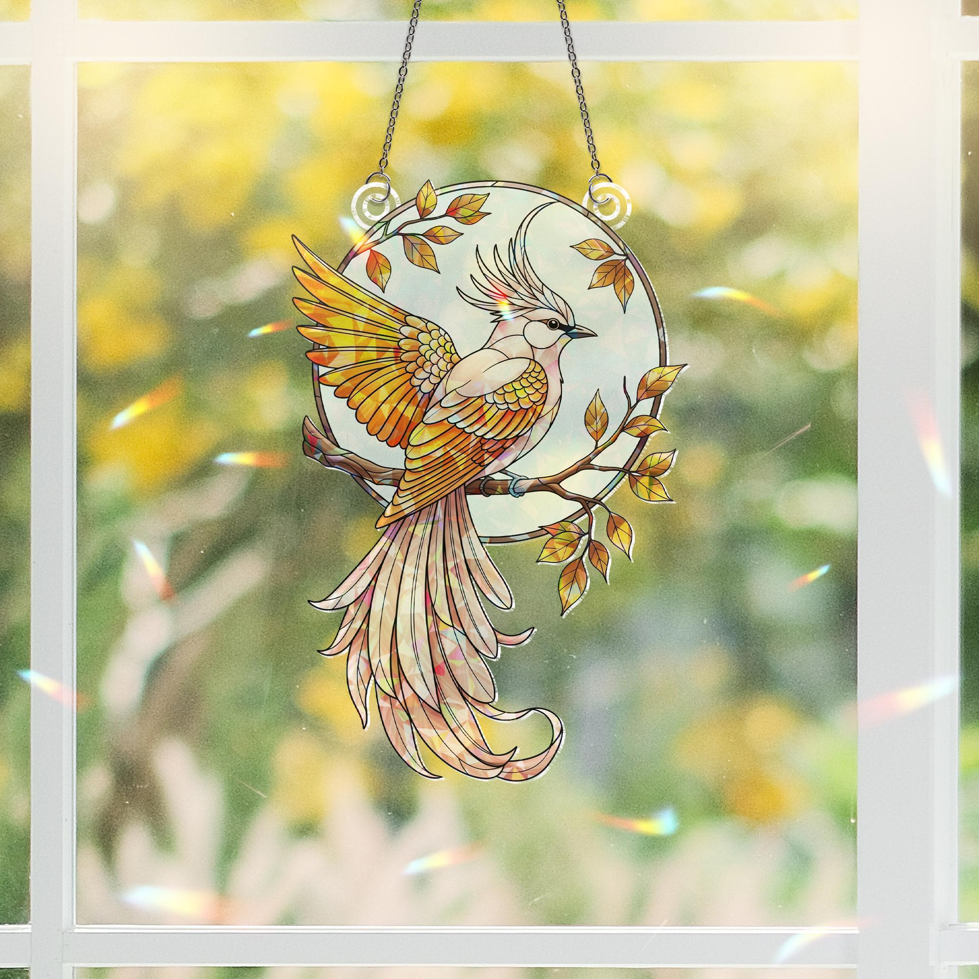 Elegant Holographic Bird Window Hanging – Stained Glass Style Suncatcher, Autumn Branch Decor, Sunlight Catcher Gift for Bird Lovers