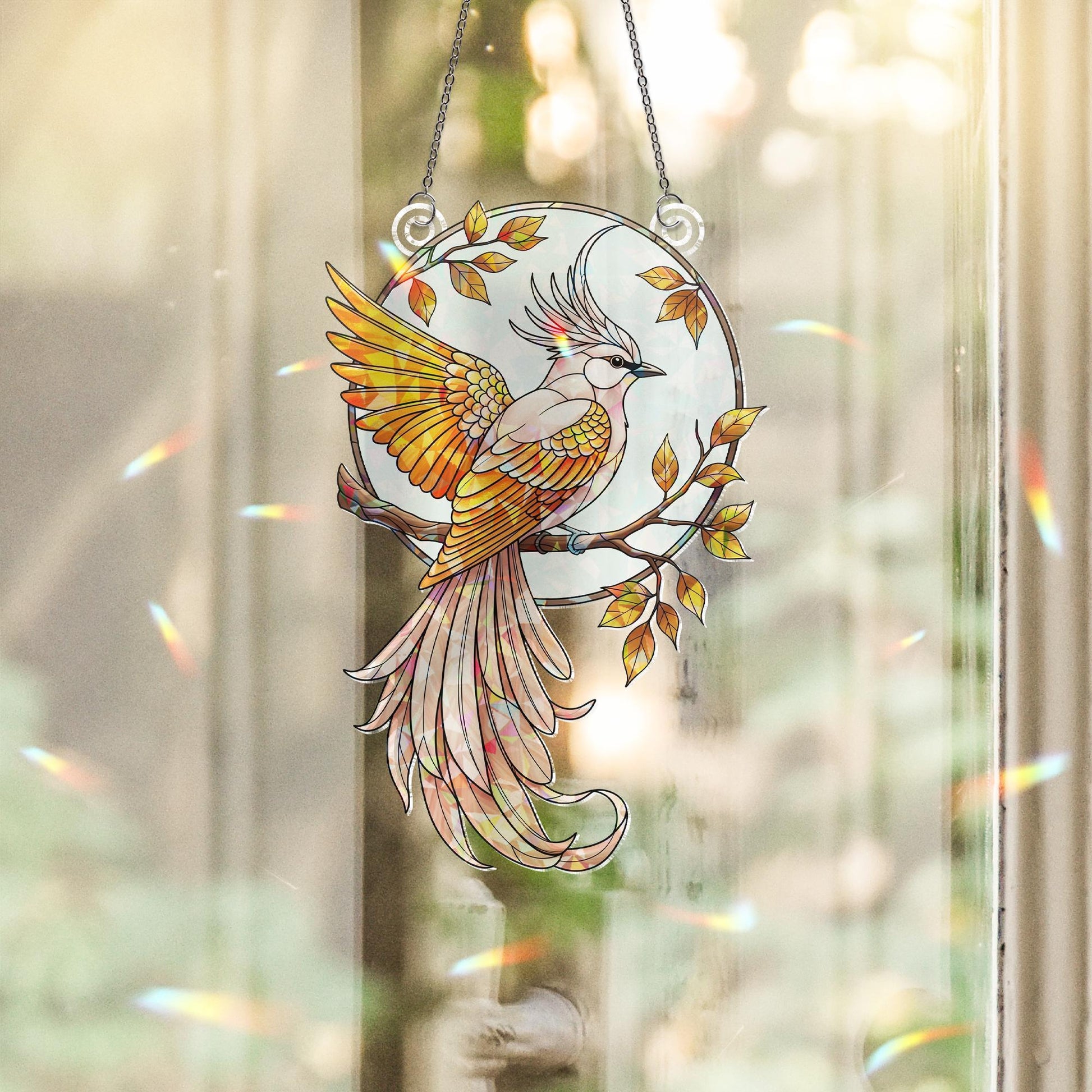 Elegant Holographic Bird Window Hanging – Stained Glass Style Suncatcher, Autumn Branch Decor, Sunlight Catcher Gift for Bird Lovers