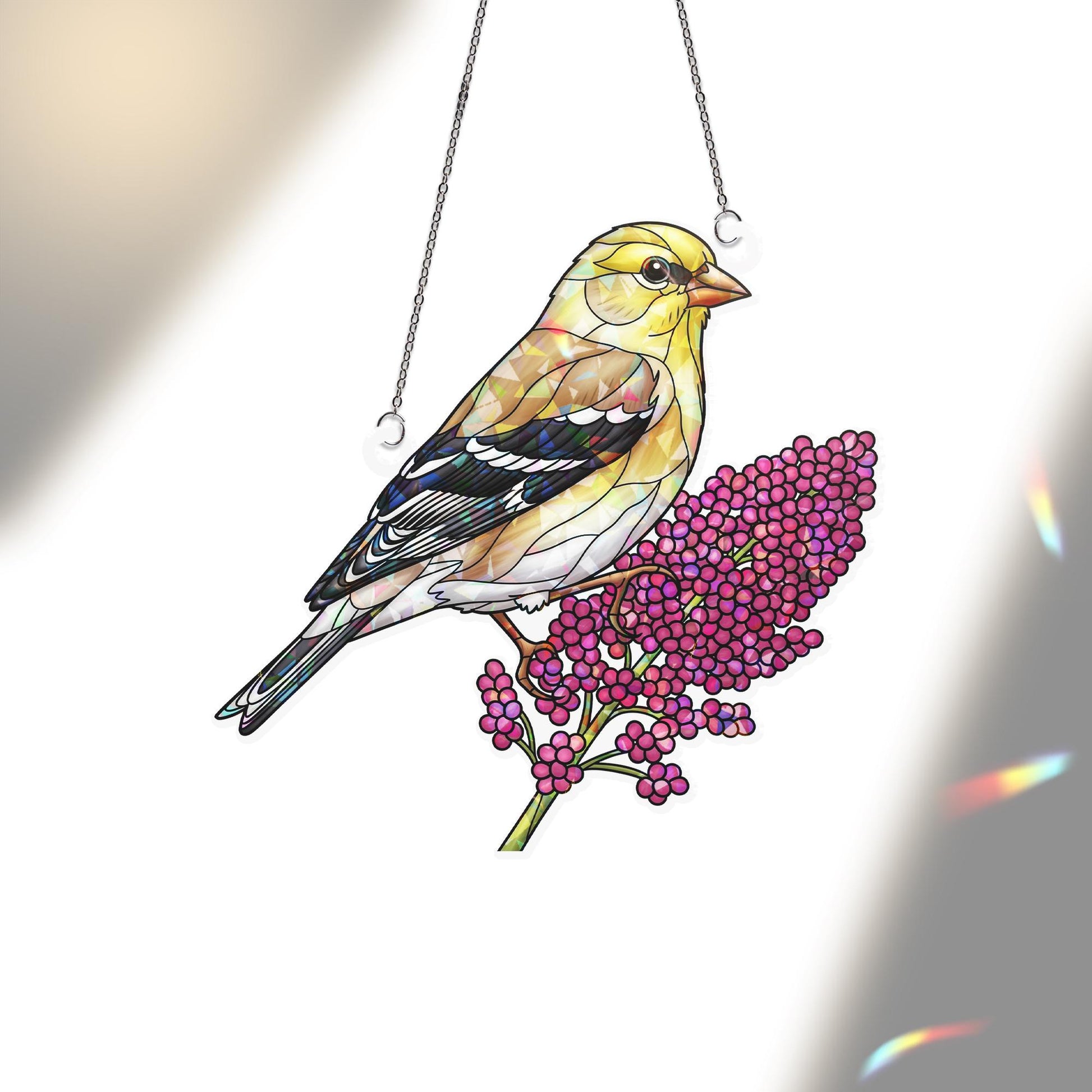 Goldfinch Holographic Window Hanging – Stained Glass Bird Suncatcher with Pink Flowers, Nature Lover Gift, Spring Window Decor