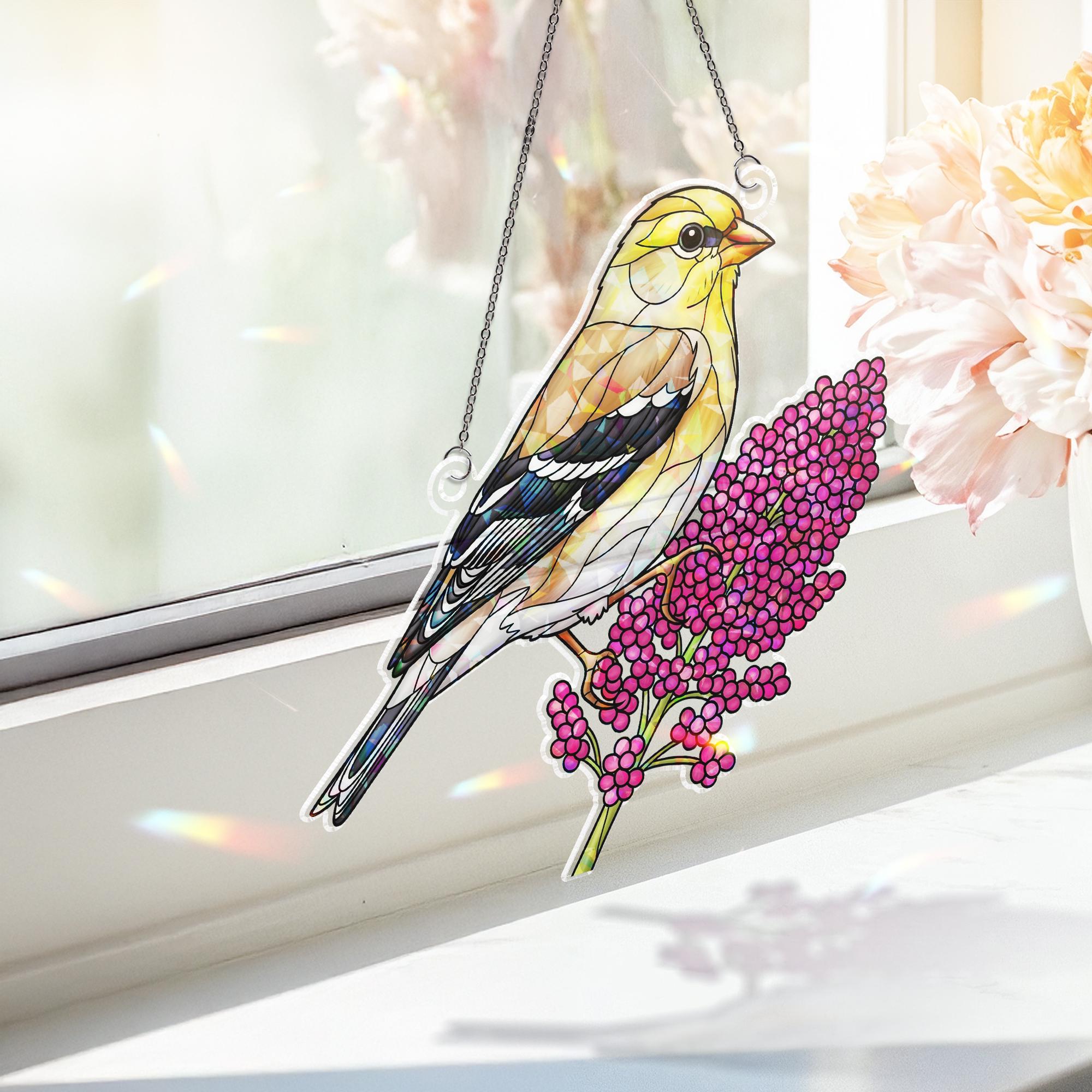 Goldfinch Holographic Window Hanging – Stained Glass Bird Suncatcher with Pink Flowers, Nature Lover Gift, Spring Window Decor