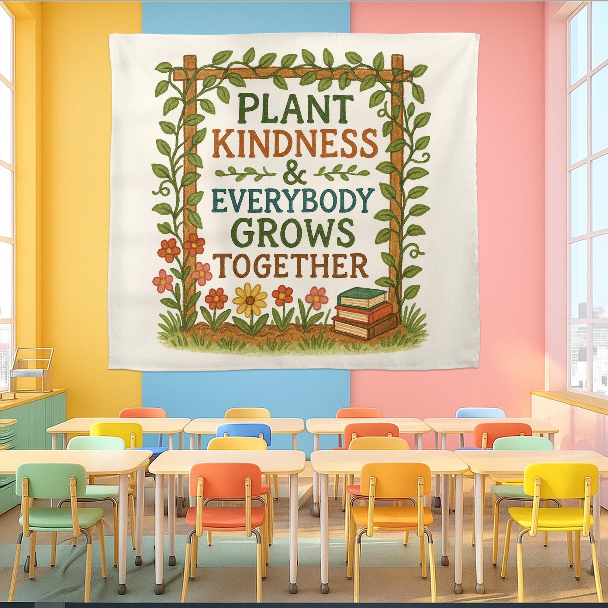 Plant Kindness Classroom Banner – Inspirational Teacher Wall Decor, Growth Mindset Poster with Flowers and Books for School or Office