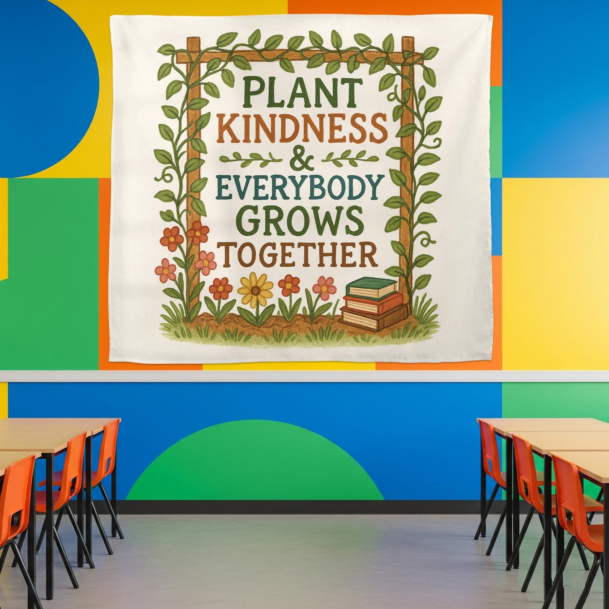 Plant Kindness Classroom Banner – Inspirational Teacher Wall Decor, Growth Mindset Poster with Flowers and Books for School or Office