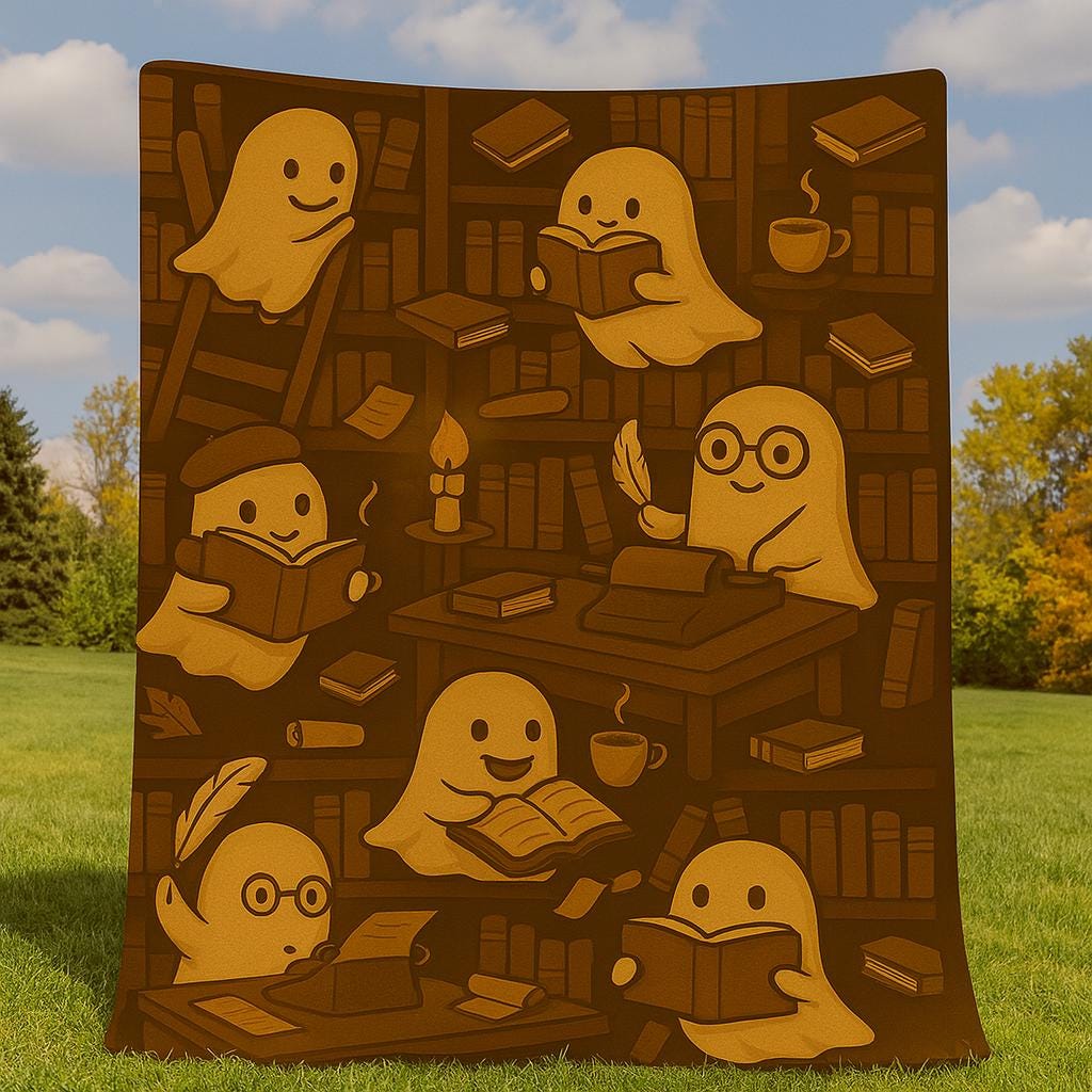 Cute Ghost Reading Blanket - Spooky Book Lover Fleece Throw - Cozy Halloween Library Blanket for Readers & Writers