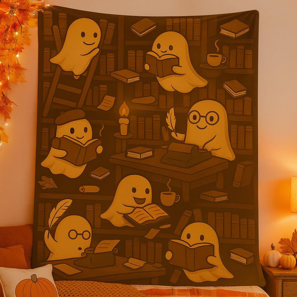 Cute Ghost Reading Blanket - Spooky Book Lover Fleece Throw - Cozy Halloween Library Blanket for Readers & Writers