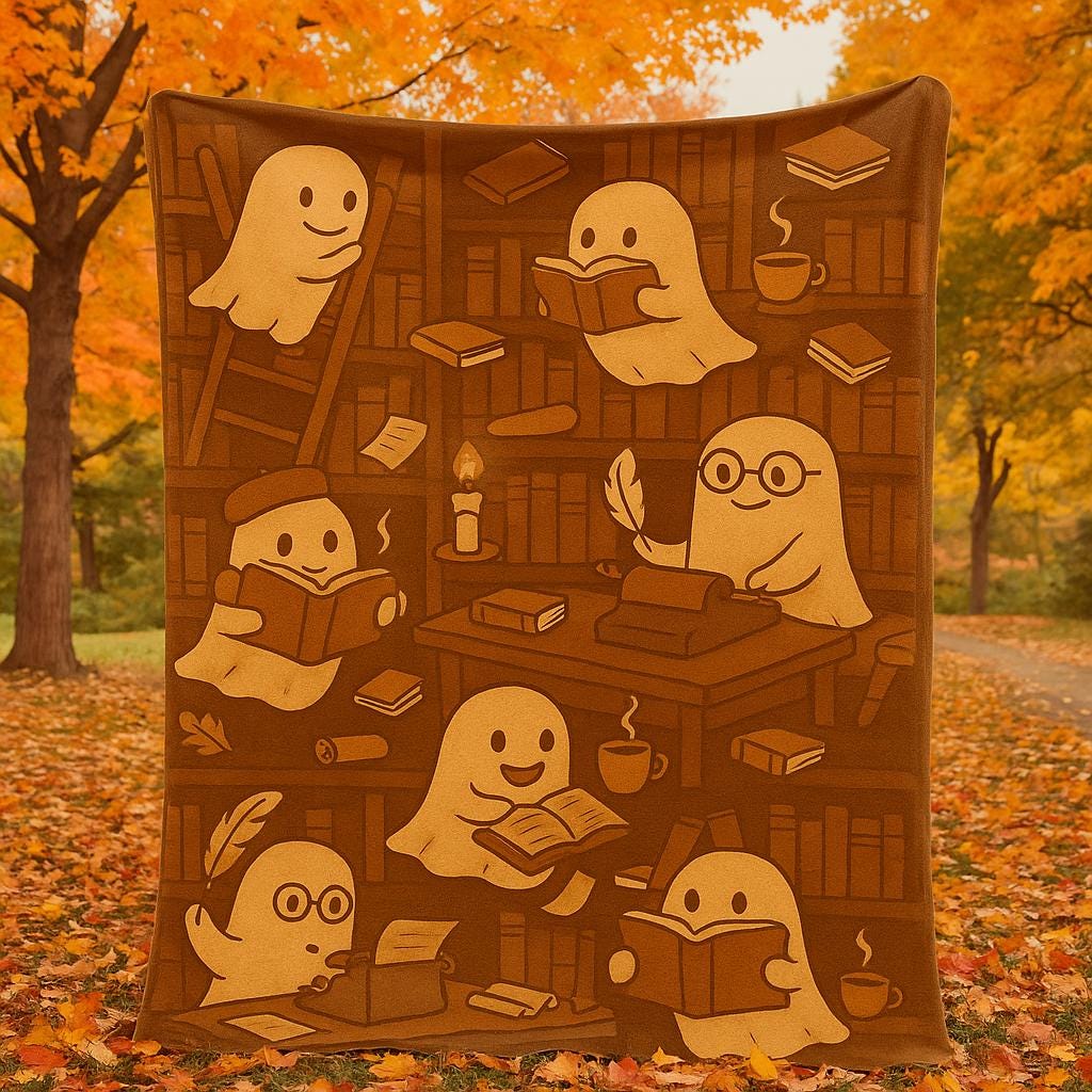 Cute Ghost Reading Blanket - Spooky Book Lover Fleece Throw - Cozy Halloween Library Blanket for Readers & Writers