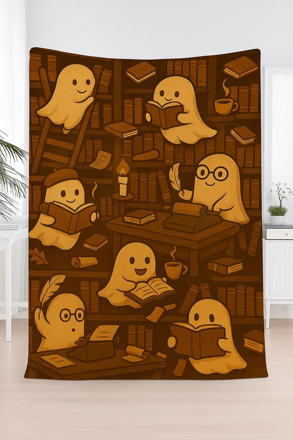 Cute Ghost Reading Blanket - Spooky Book Lover Fleece Throw - Cozy Halloween Library Blanket for Readers & Writers