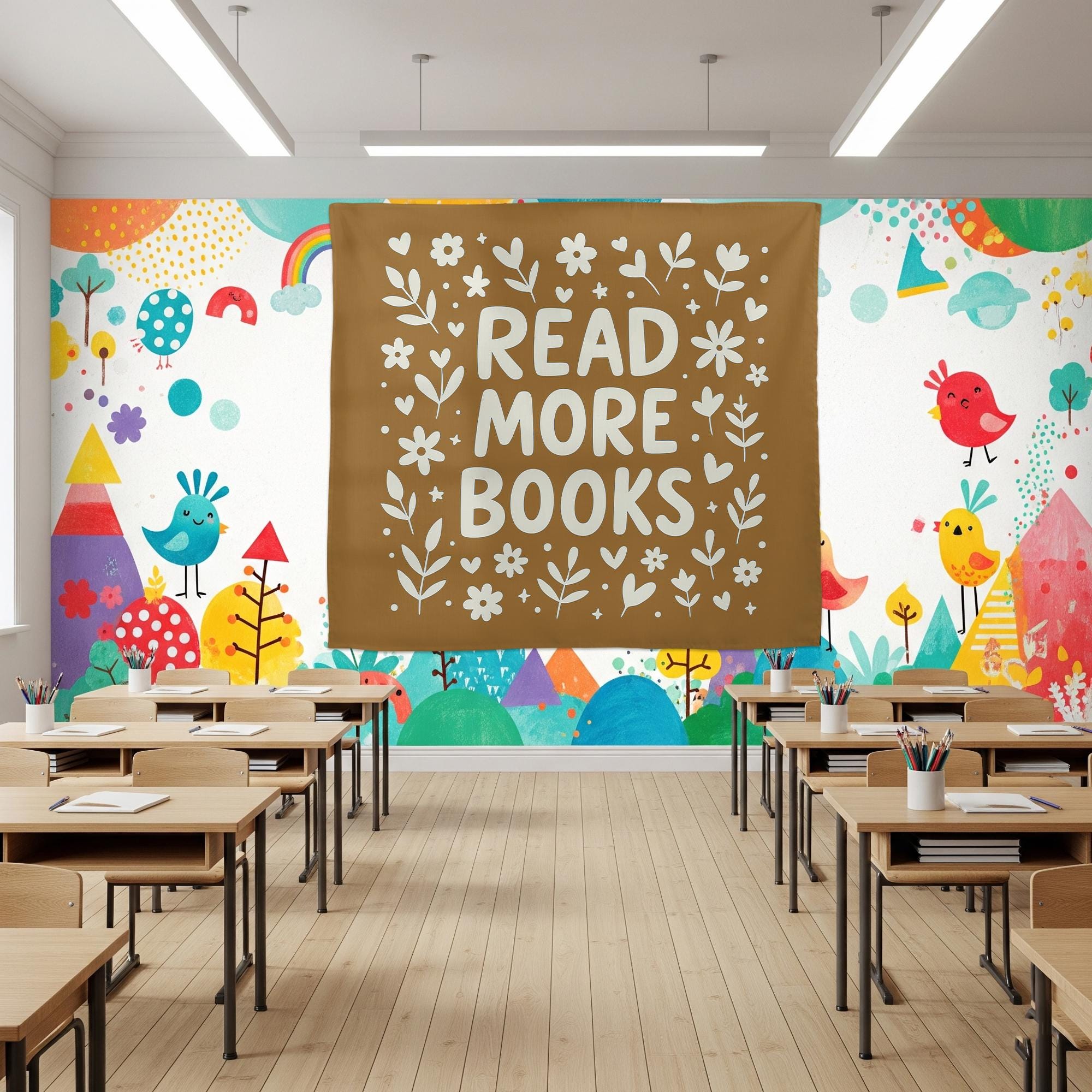 Read More Books Classroom Tapestry – Minimalist Floral Reading Poster for Library, Homeschool, or Teacher Wall Decor, Reading Library Art