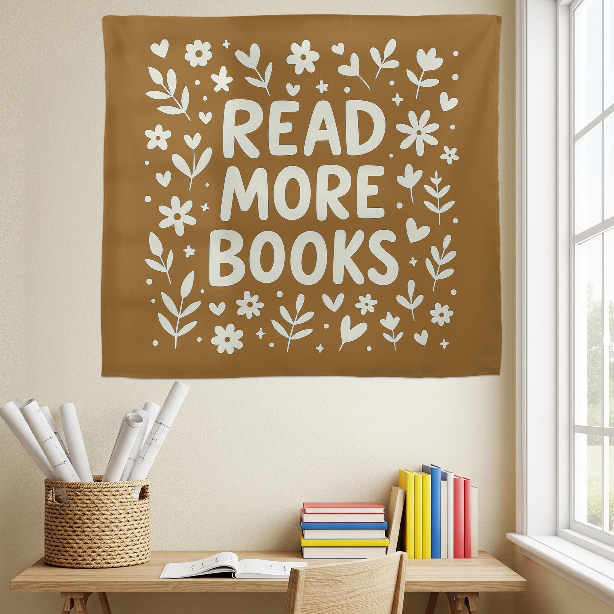 Read More Books Classroom Tapestry – Minimalist Floral Reading Poster for Library, Homeschool, or Teacher Wall Decor, Reading Library Art