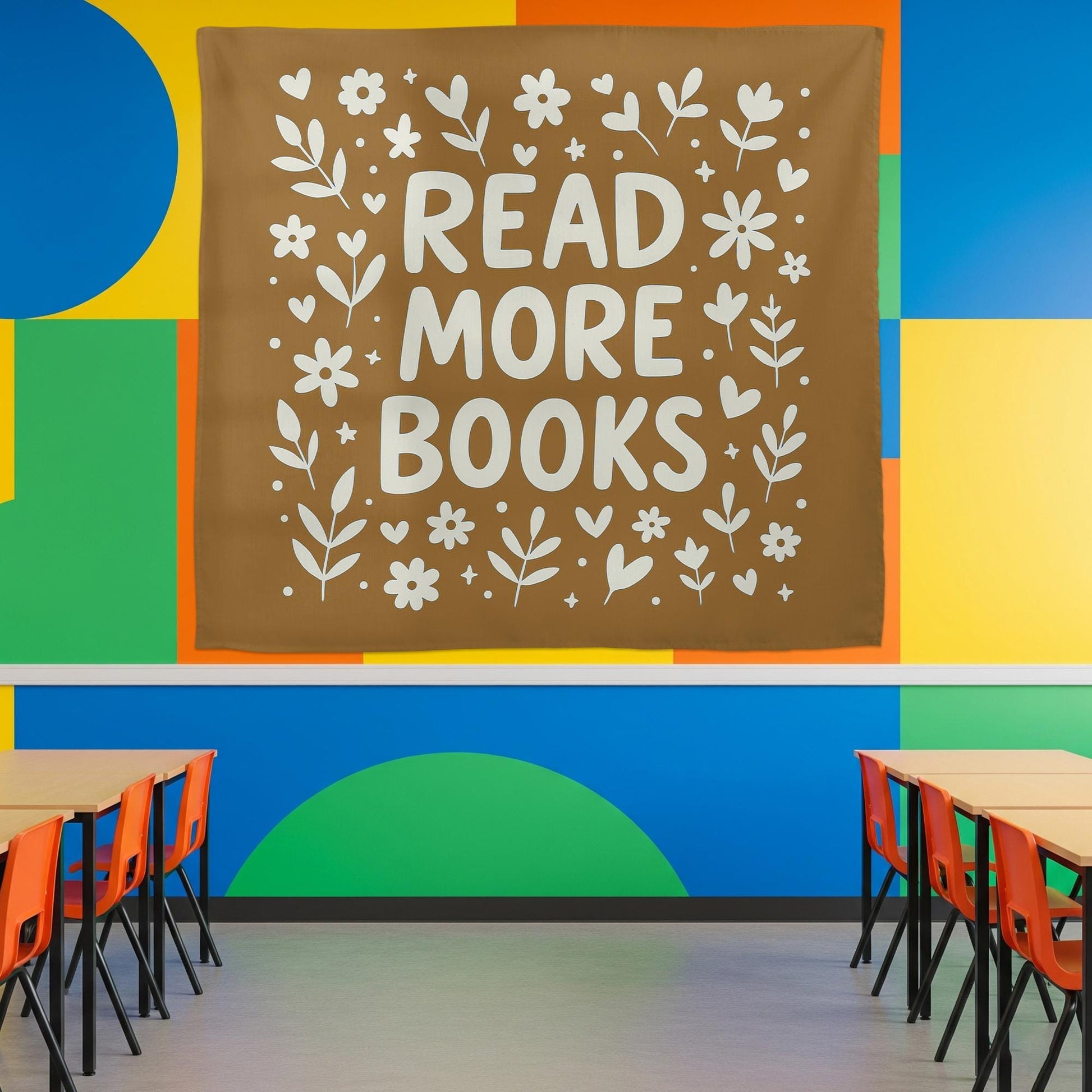 Read More Books Classroom Tapestry – Minimalist Floral Reading Poster for Library, Homeschool, or Teacher Wall Decor, Reading Library Art