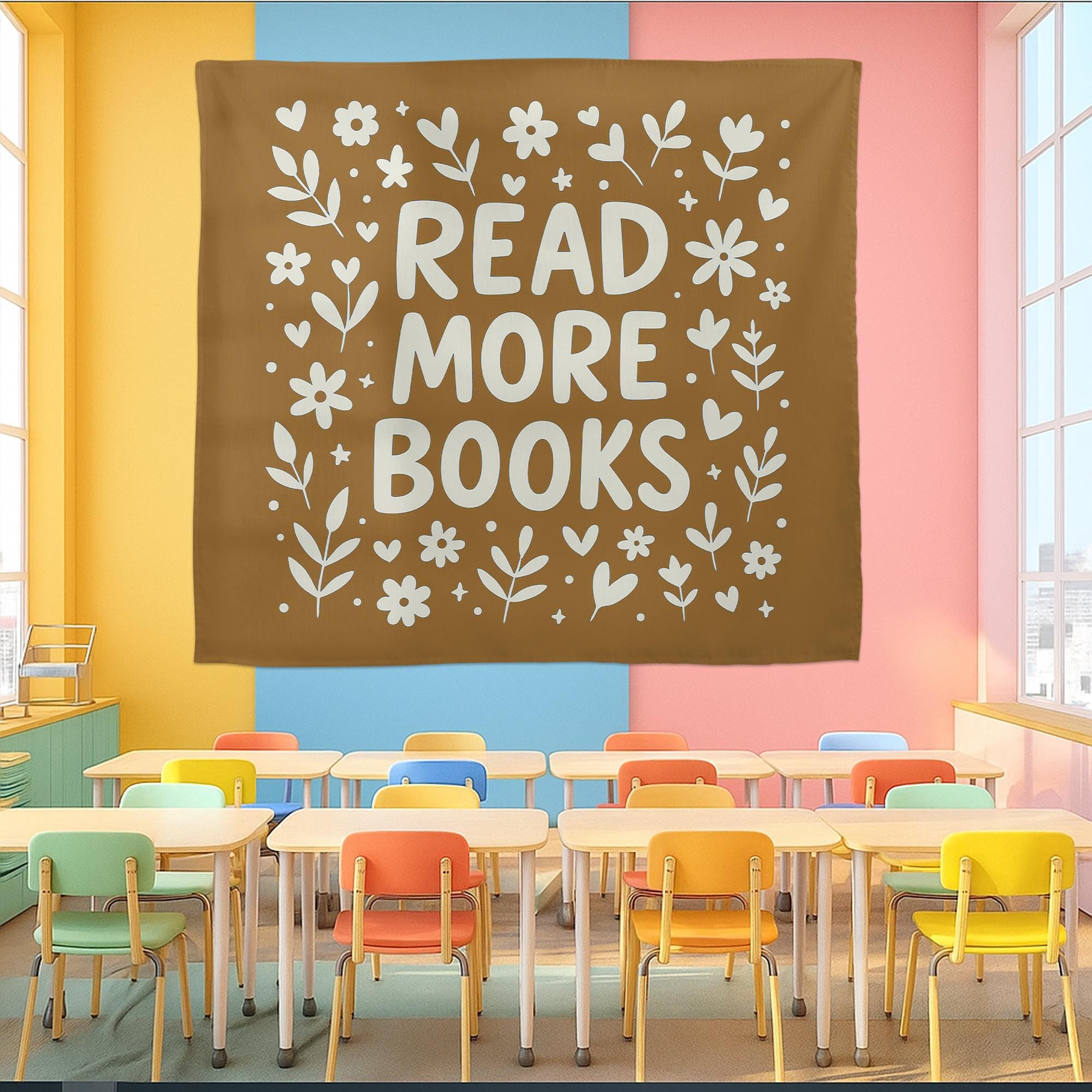Read More Books Classroom Tapestry – Minimalist Floral Reading Poster for Library, Homeschool, or Teacher Wall Decor, Reading Library Art