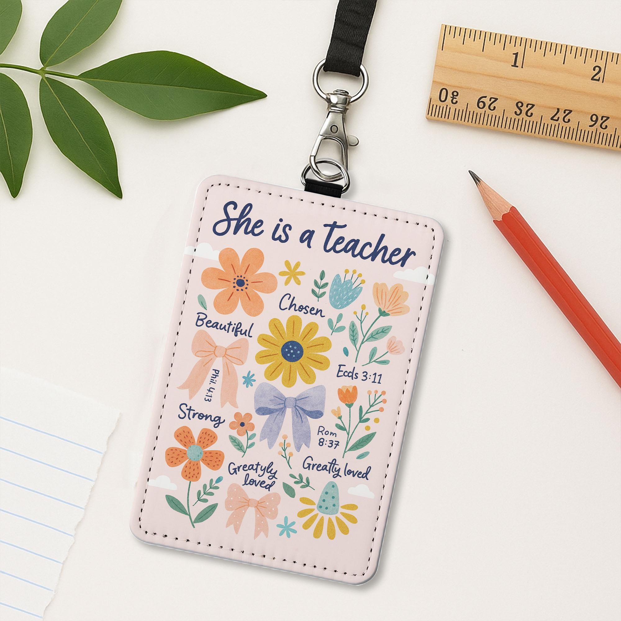 Christian Teacher Badge Reel Holder – Floral Scripture ID Holder with “She is a Teacher” Quote, Inspiring Gift for Faithful Educators
