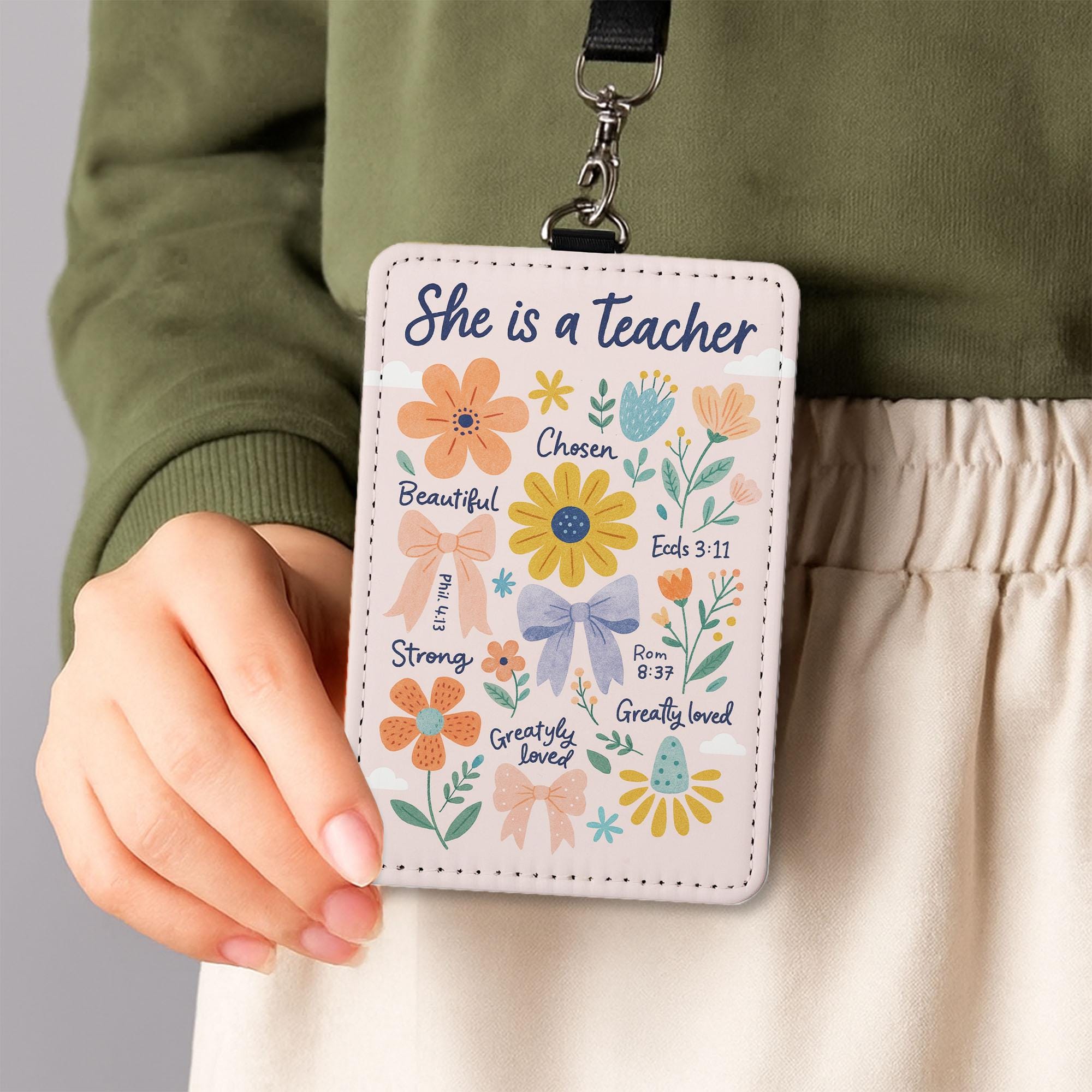 Christian Teacher Badge Reel Holder – Floral Scripture ID Holder with “She is a Teacher” Quote, Inspiring Gift for Faithful Educators