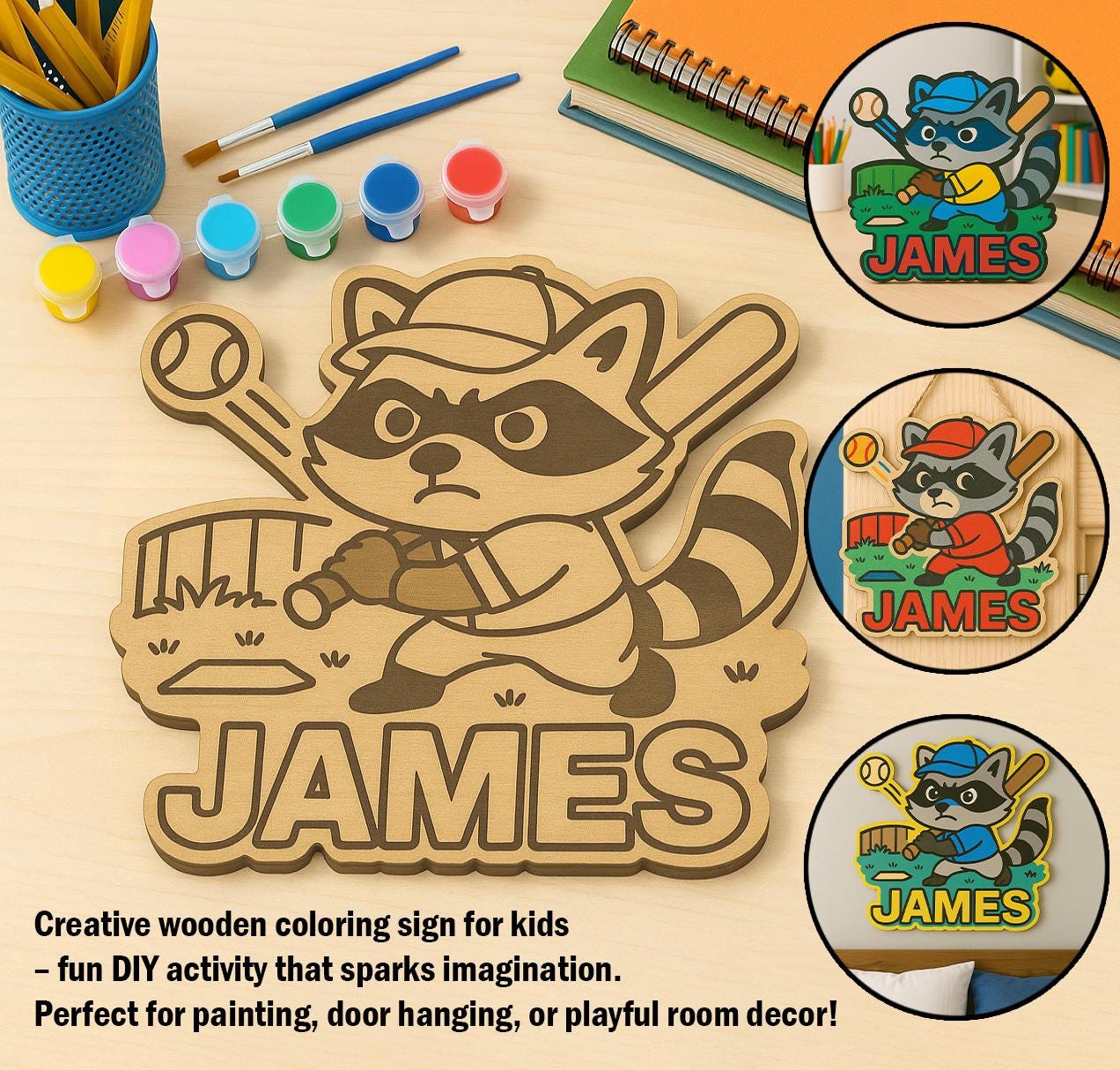 Personalized Wooden Sign Painting Kit for Kids - DIY Name Craft Animal Plaque - Custom Kid Room Decor Coloring Activity