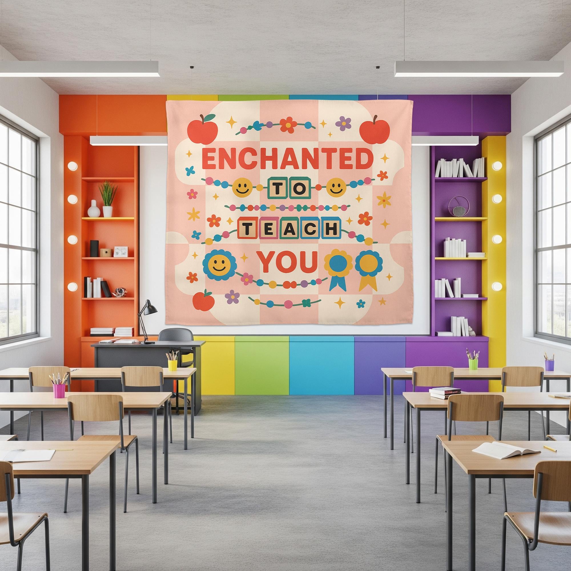 Enchanted to Teach You Tapestry, Cute Teacher Classroom Wall Decor, Colorful Preschool Banner, Back to School Teacher Gift